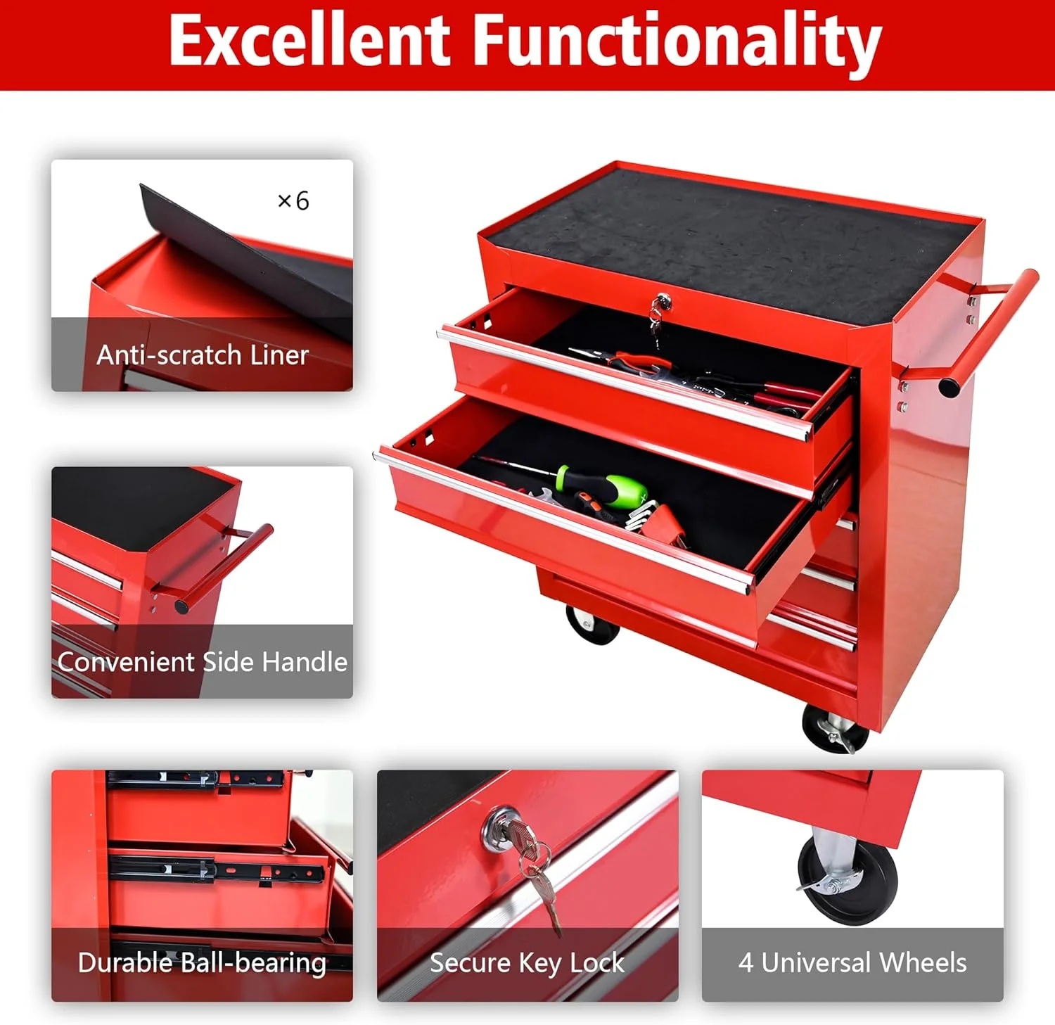Tool Chests, 5-Drawer Rolling Tool Storage Cabinet with Detachable Tray, Multi-Functional Handles, Adjustable Shelves, Secure Locking System, Heavy-Duty Wheels, Ideal for Garage, Workshop(5-Drawers/Red) - Image 5
