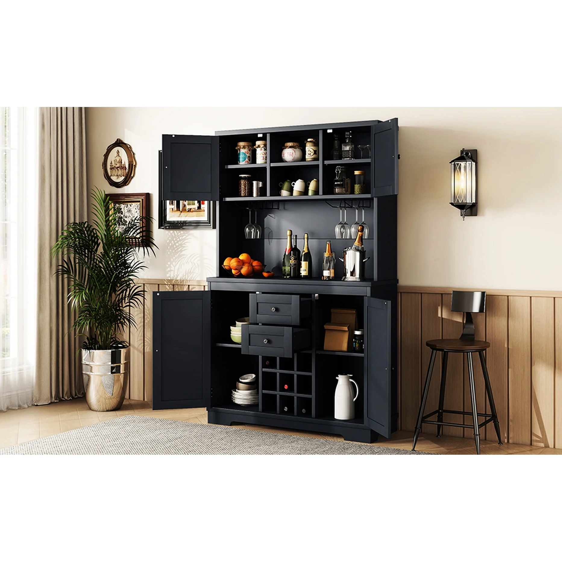 Dark Blue Dining Room Storage Cabinet With Shelves Coffee Bar Drawers For Kitchen Antique Drawers, Shelves, And Cabinets(Antique Blue) - Image 7