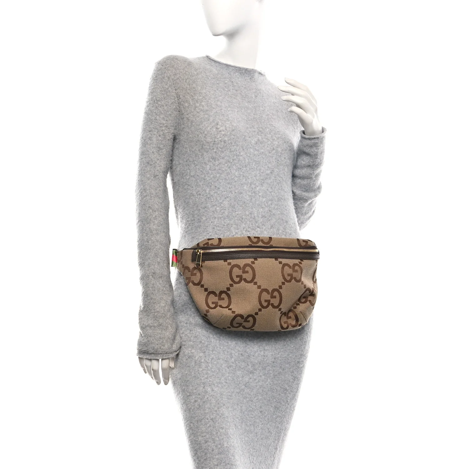 Monogram Jumbo GG Textured Dollar Calfskin Web Belt Bag Camel Ebony New Acero