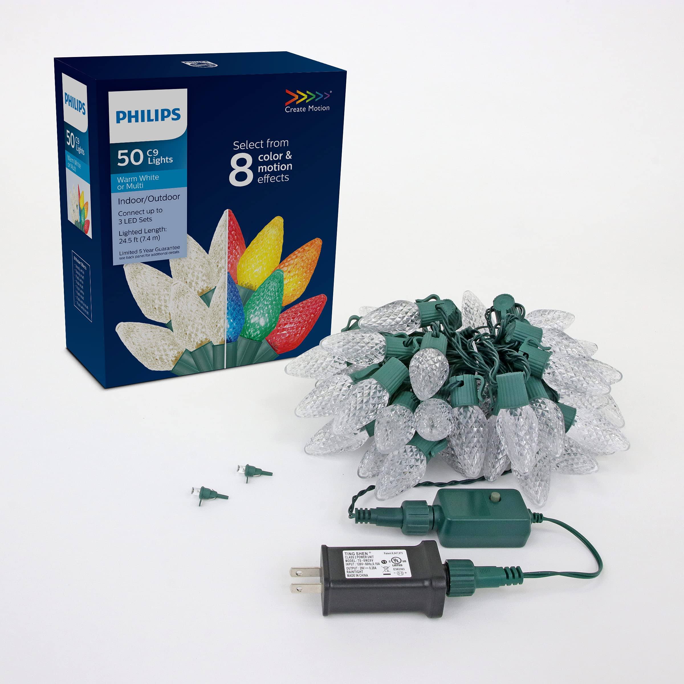 Philips 50 LED 8 Function Bicolor Faceted C9 Christmas Lights on Green Wire - UL Listed for Indoor/Outdoor Use - 26.83' Total Length with 6