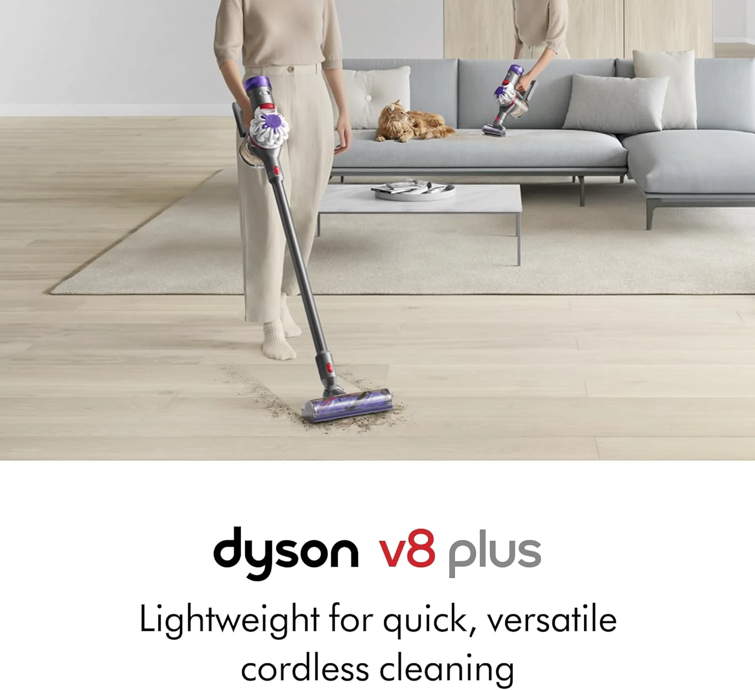 Aspirateur sans fil Dyson V8 Plus, nettoie les sols durs et les tapis, démêle, se transforme en aspirateur à main, 115 AW, 2 modes de puissance, jusqu'à 40 minutes¹