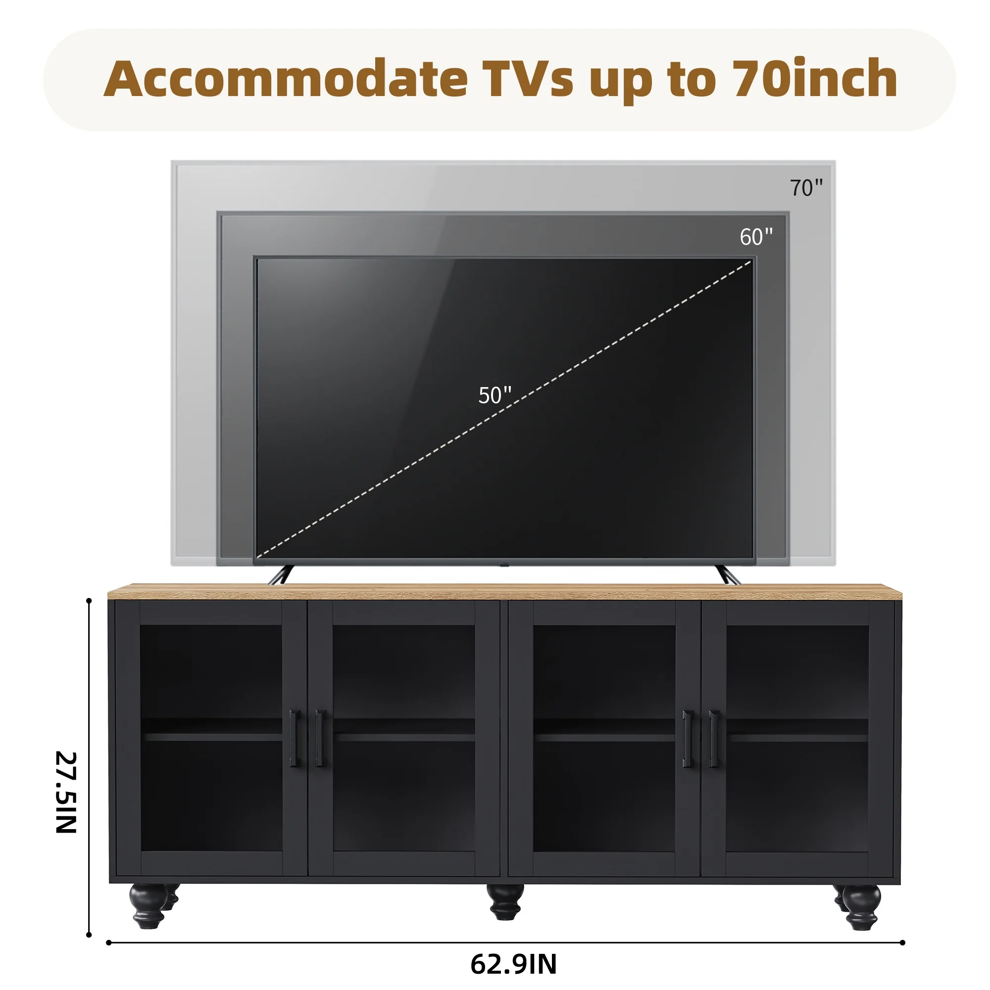 110" Entertainment Center Wall Unit Set with Glass Display Cabinets, Adjustable Shelves Vintage TV Stand for TVs up to 85", Farmhouse Style Media Console with Storage, Gourd Legs(Black+TV Stand+Bookshelves) - Image 6