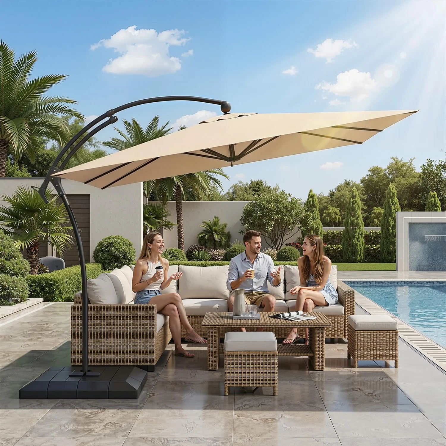 AECOJOY 10x10 FT Cantilever Patio Umbrella with Base, Aluminum Offset Umbrella with 360° Rotation