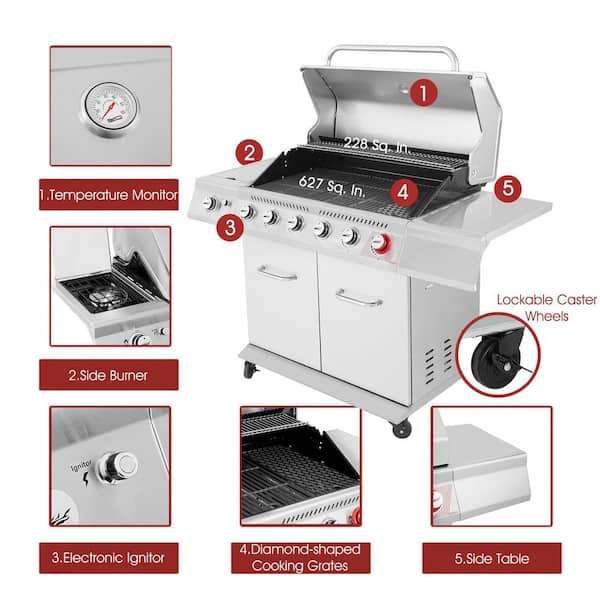 6-Burner Propane Gas Grill in Stainless Steel with Sear Burner and Side Burner