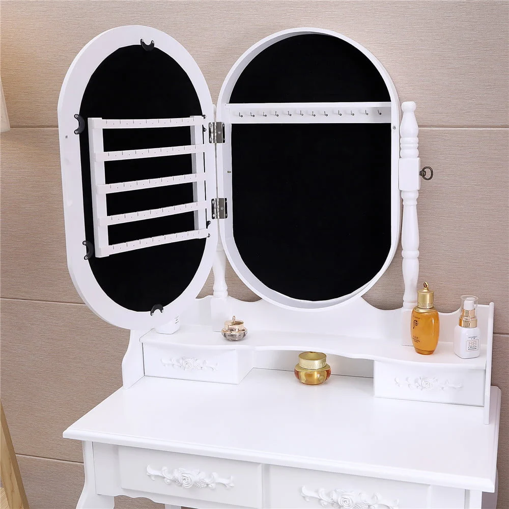 Vanity Jewelry Wooden Makeup Dressing Table Set W/Stool Mirror Cabinet 4 Drawer - Image 5