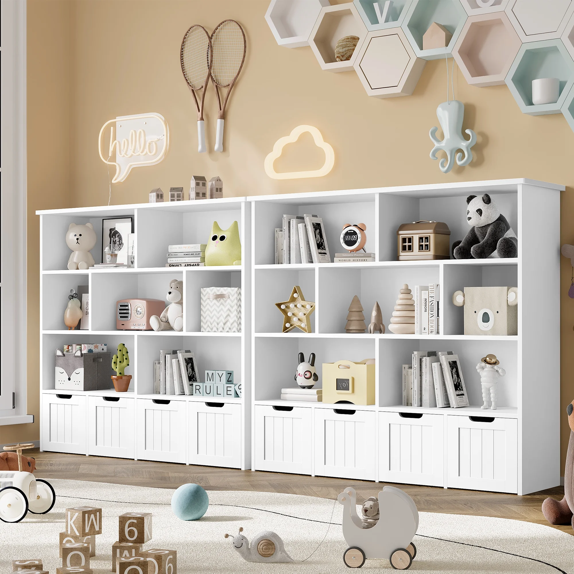 7 Cube Toy Storage Organizer, Kids Geometric Bookcase and Bookshelf with 4 Drawers, White(White) - Image 2