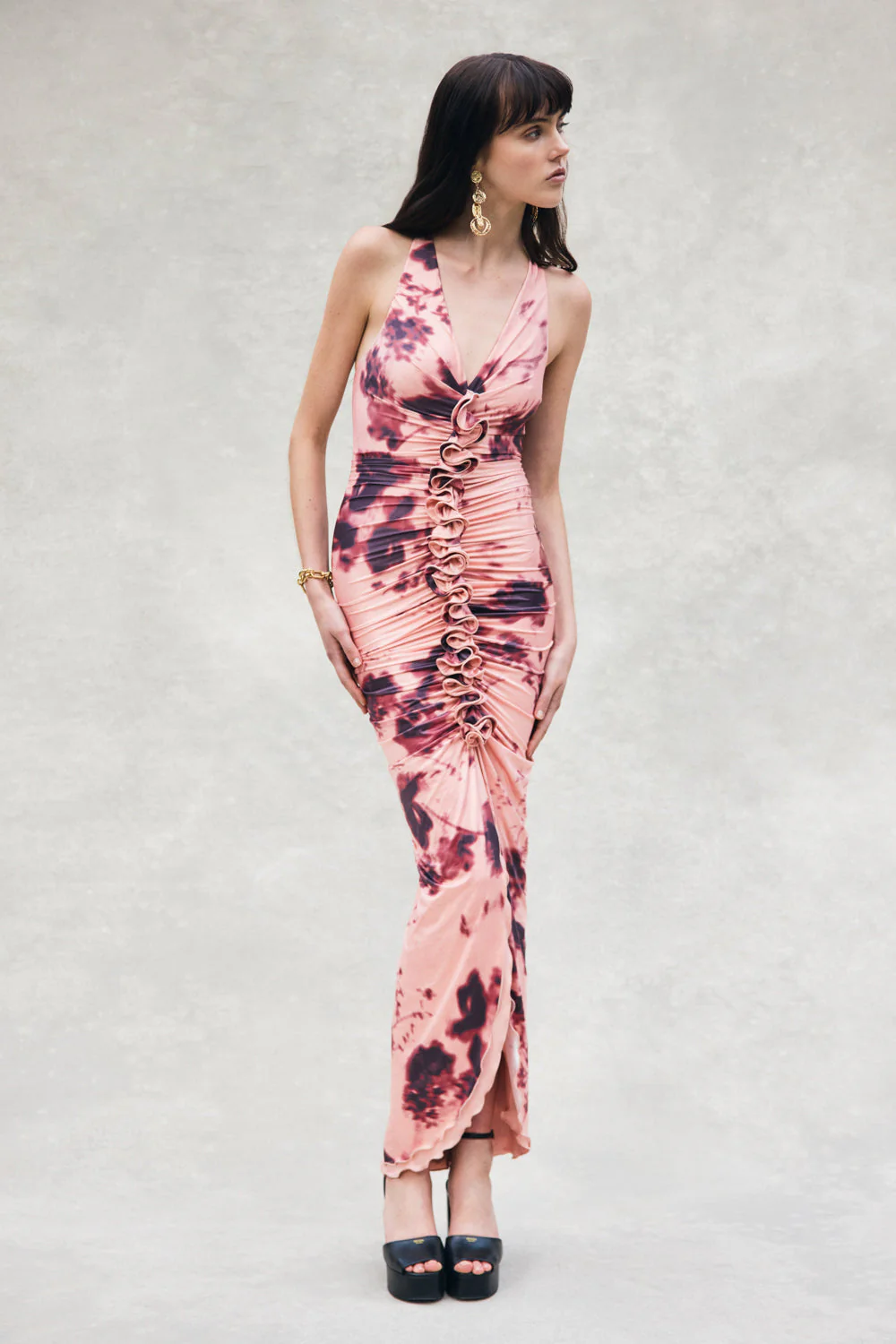 Alessandra Slinky Ruffle Maxi Dress - Pink Blurred Floral Print