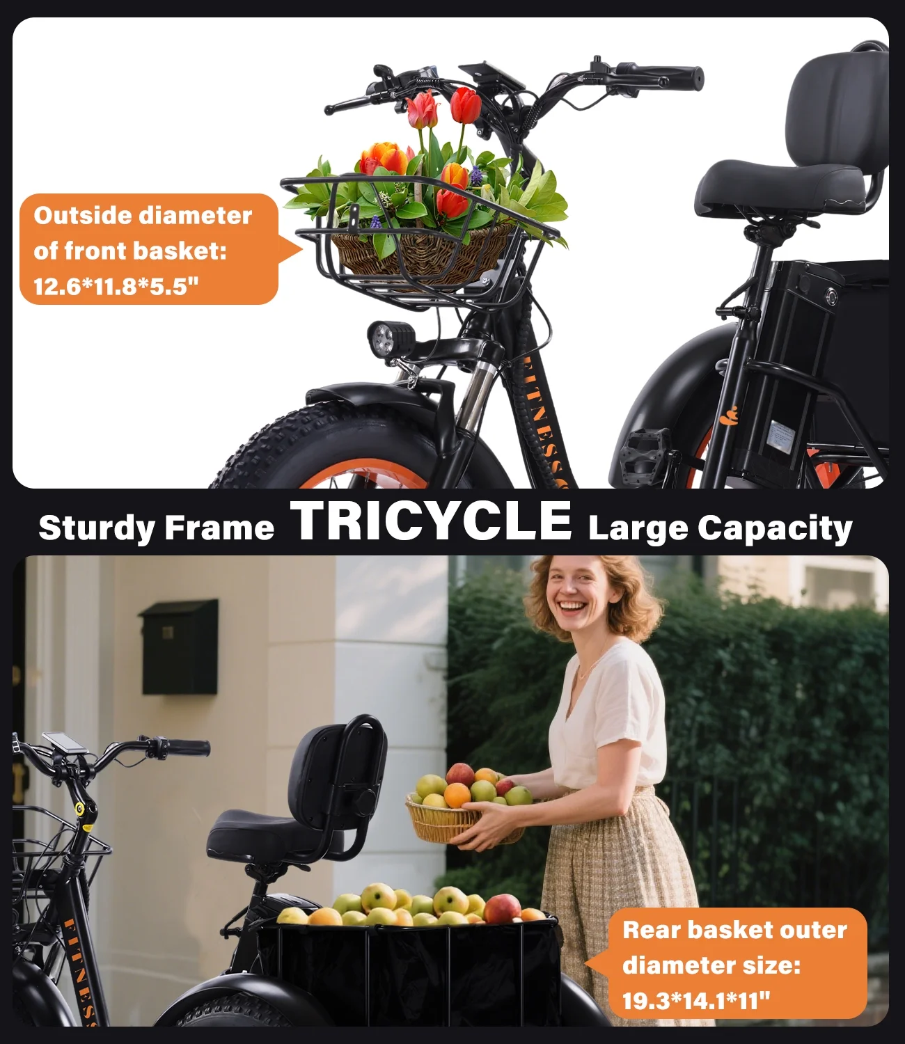 Electric Tricycle for Adults Folding E-Trike Motorized Tricycle Electric 3 Wheels Trike Powerful 500W Motor Electric Tricycle 48V15AH Lithium Battery Max 20MPH 20*4.0” Fat Tire Orange(Black Orange) - Image 10