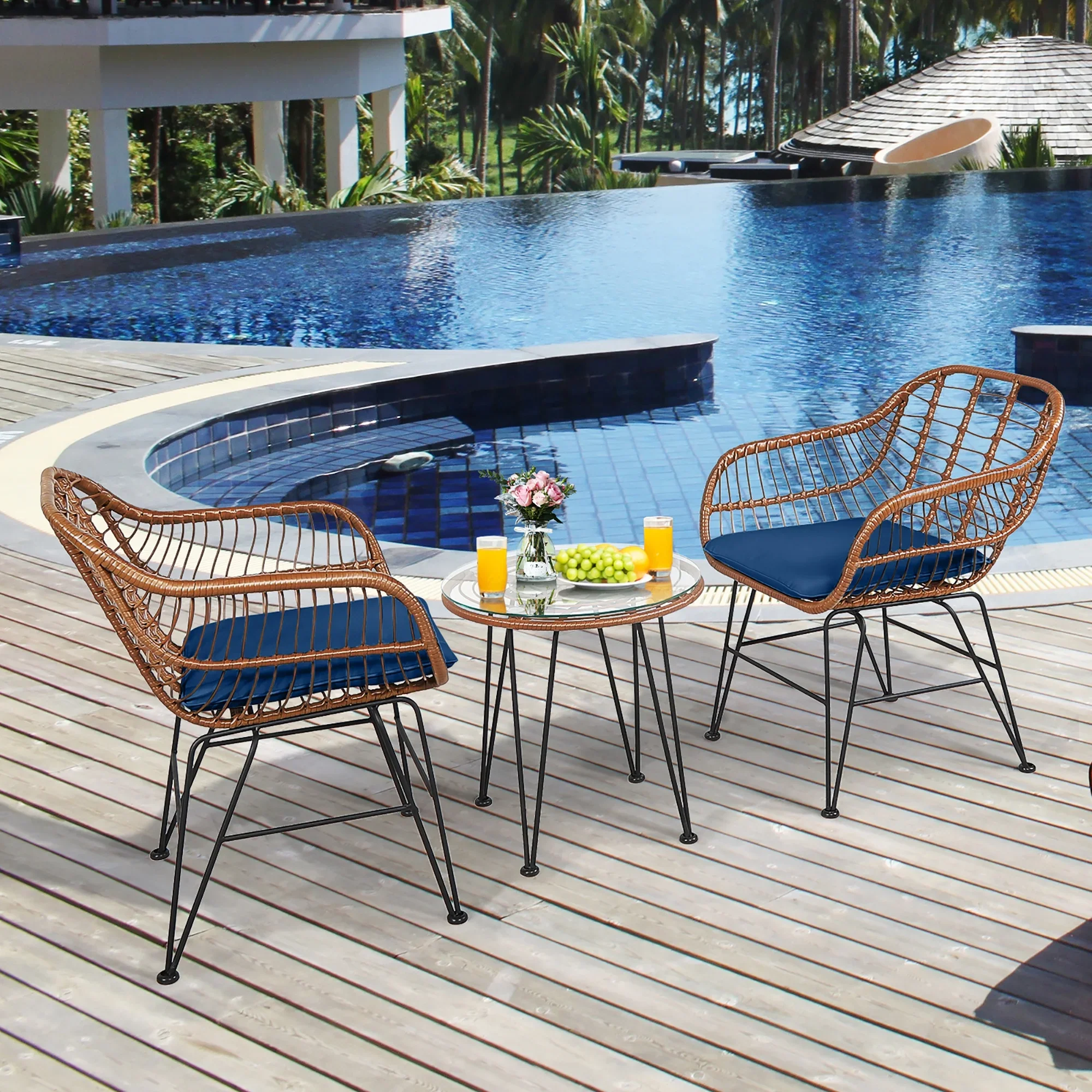 Costway 3PCS Patio Rattan Bistro Set Coffee Table Armchair Garden Red Cushion
