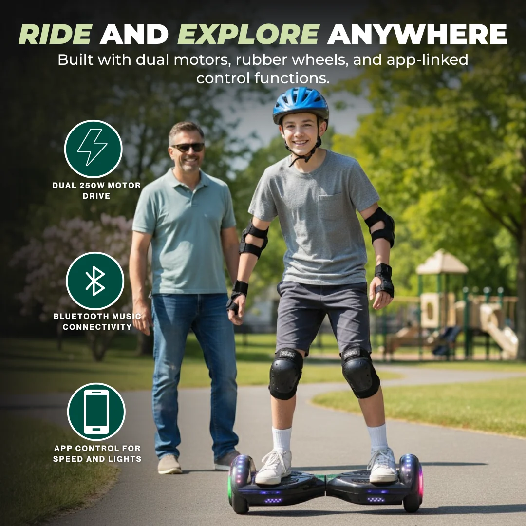 Hoverboard z dwoma silnikami o mocy 250 W, Bluetooth, sterowanie aplikacją, oświetlenie LED Hoverboard z dwoma silnikami o mocy 250 W, Bluetooth, sterowanie aplikacją, oświetlenie LED
