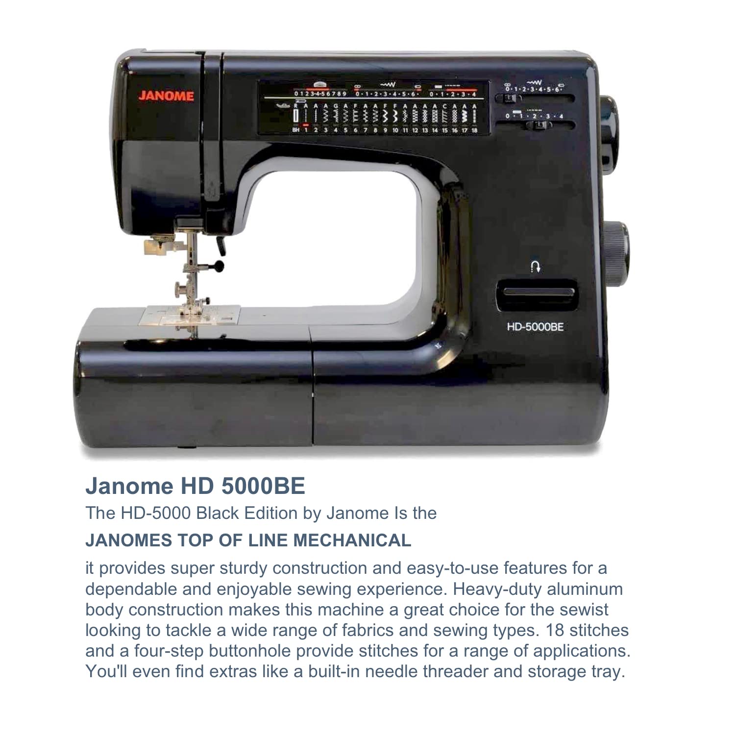 HD 5000 Black Edition Heavy Duty Sewing Machine | Die-Cast Aluminum Body, 18 Built-in Stitches Incl. One-Step Buttonhole, Free Arm, One-Hand Needle Threader, 7 Presser Feet
