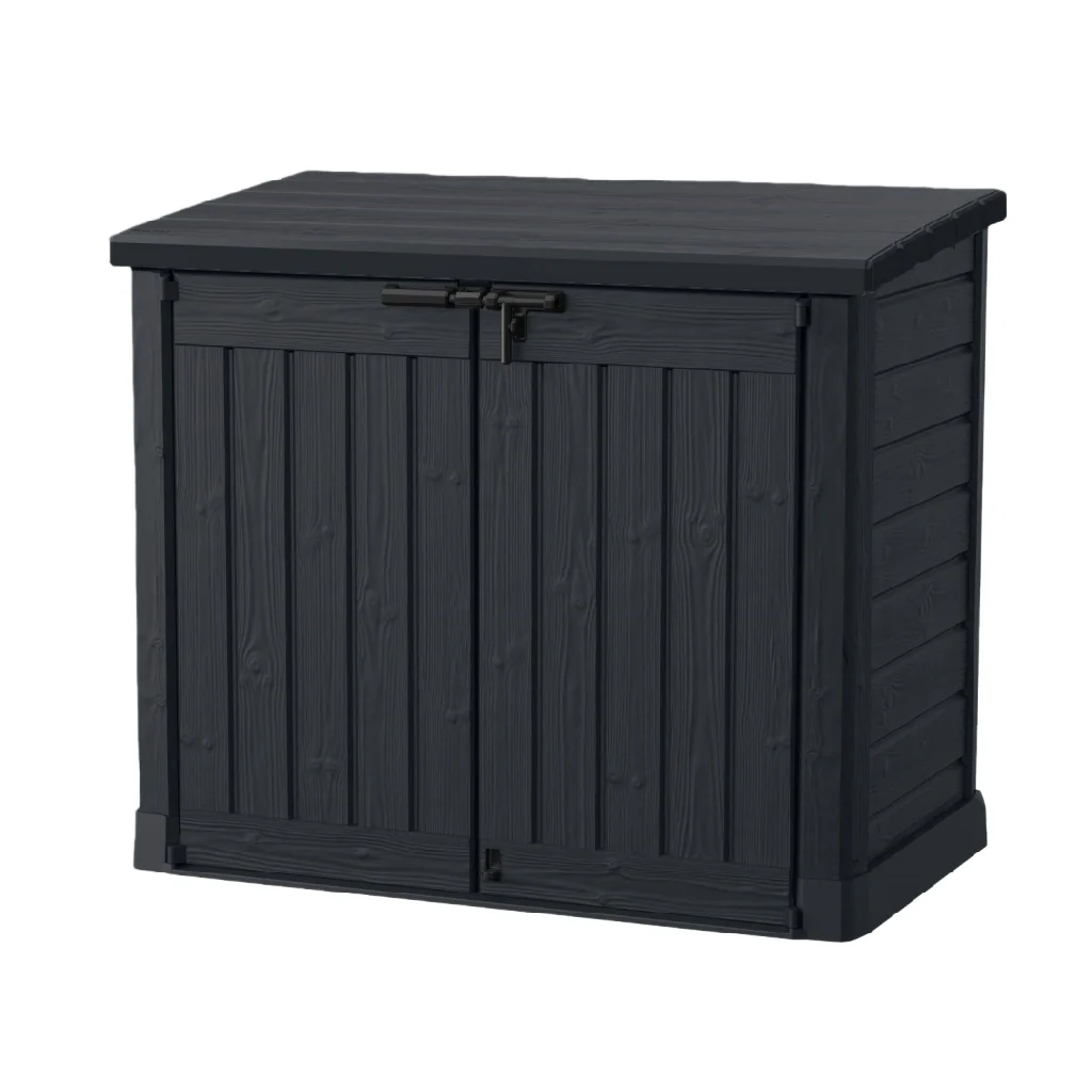 2026 Coffre de rangement de jardin effet bois noir, armoire basse en résine PP étanche