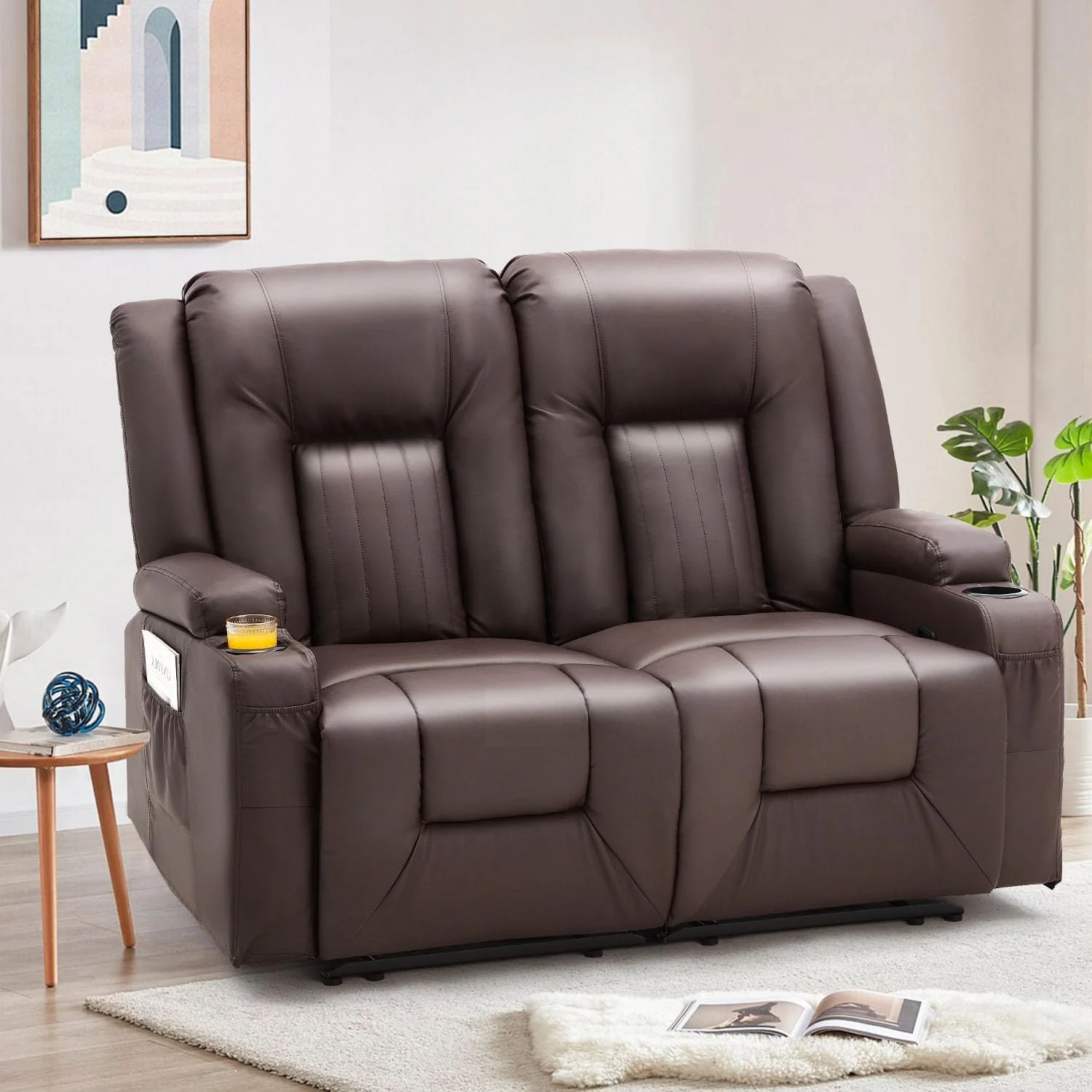 AECOJOY Loveseat Recliner with Cup Holders&Side Pockets, Brown, 2