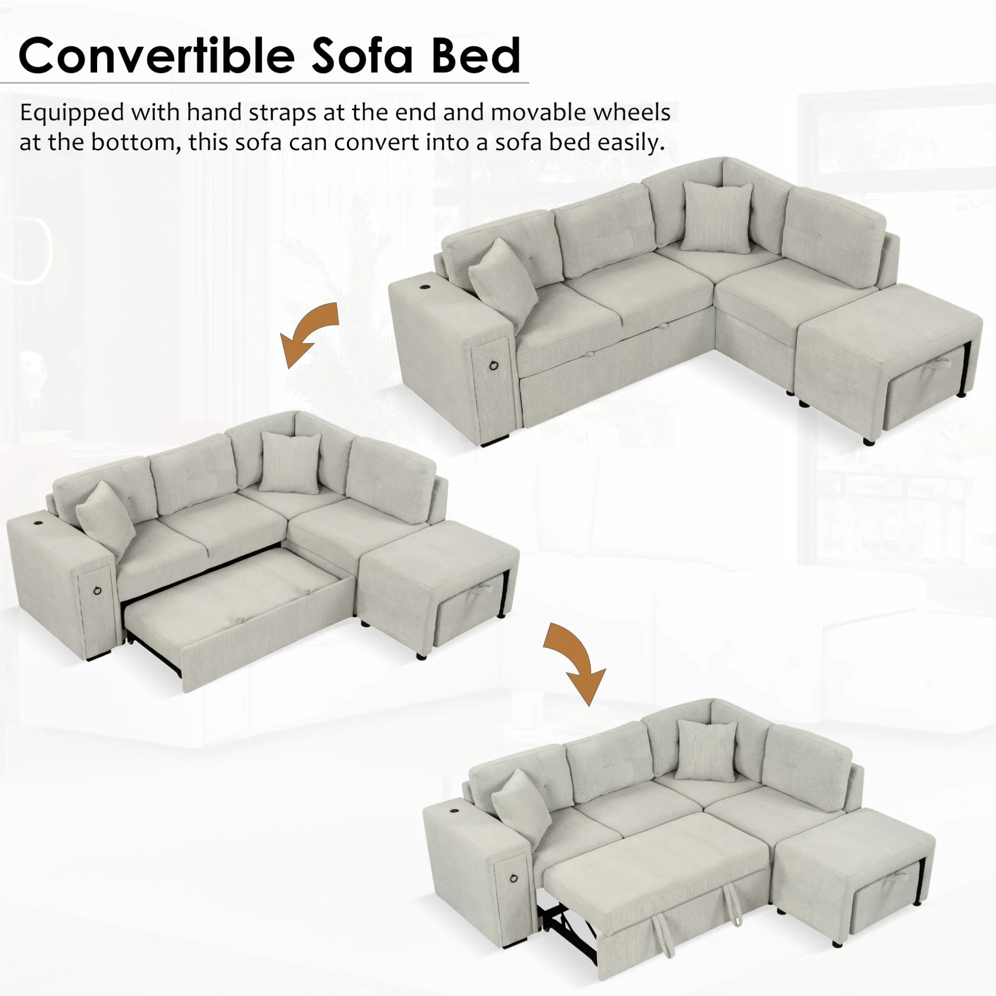 87" Modular Sectional Sleeper Sofa with Pull Out Bed, Convertible L-Shaped Couch with Ottoman, USB Ports and Two Cup Holders for Living Room, Apartment, Bedroom, Gray(Grey) - Image 4