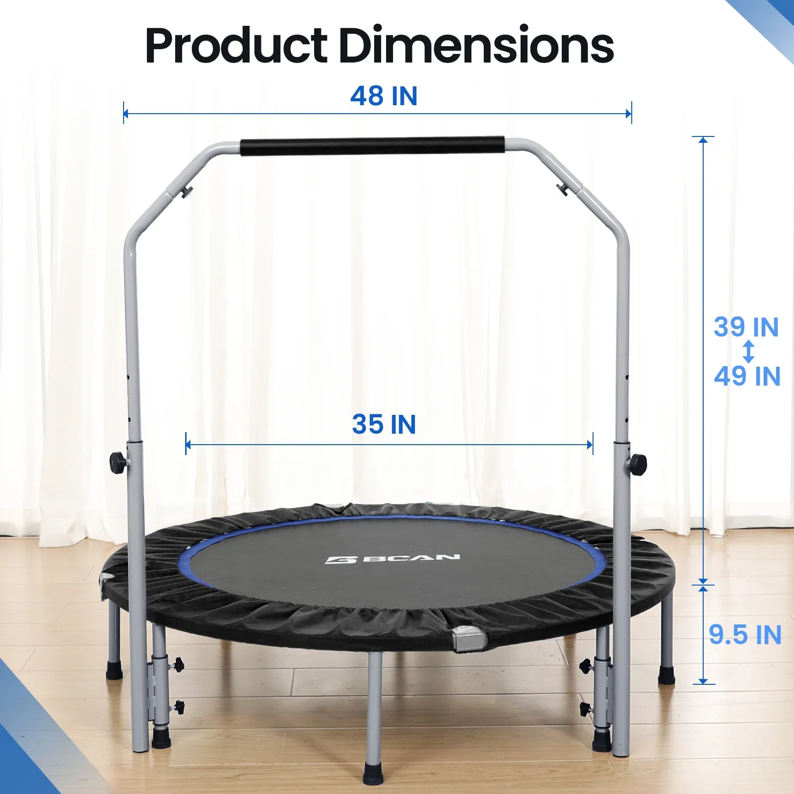 BCAN 40 Foldable Trampoline, Fitness Rebounder with Adjustable Foam Handle, Exercise Trampoline for Adults/kids Indoor/Garden Workout Max Load 330lbs