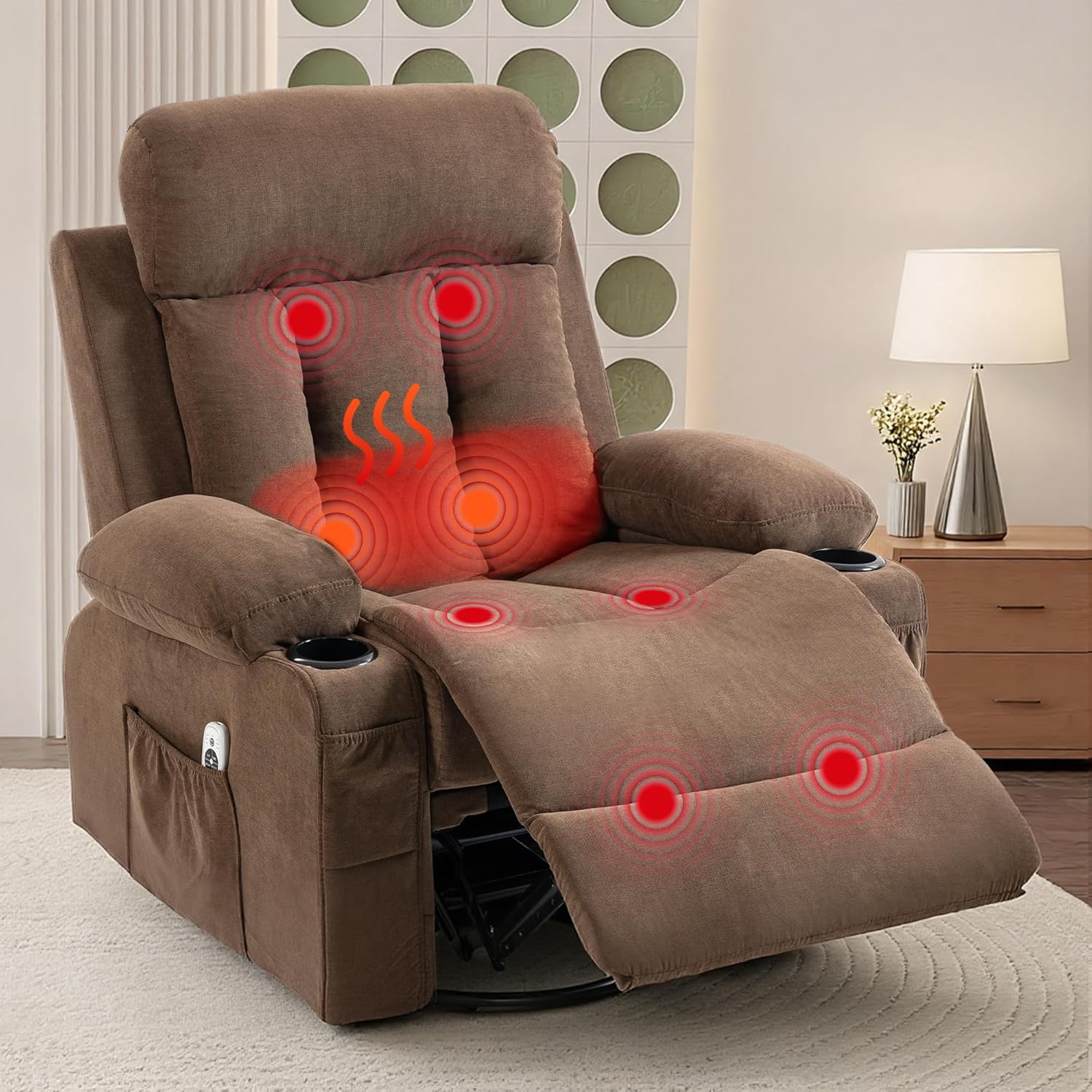 360° Swivel Rocking Chair, Rocker Recliner Chair with Vibration Massage and Heat, Ergonomic Lounge Chairs with Rocking Function and Side Pocket, Cup Holders, Brown