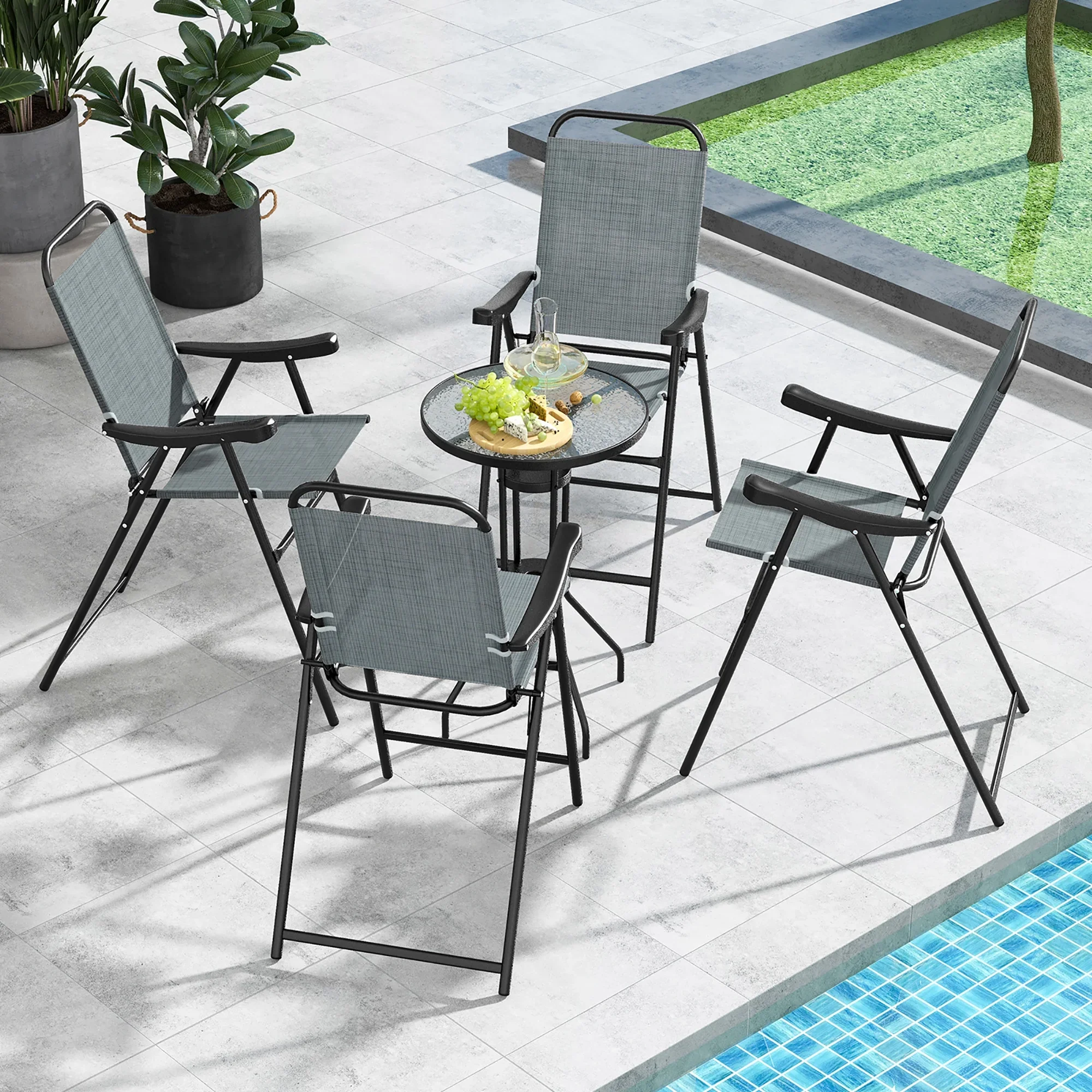 Gymax 4 PCS Patio Bar Chair Folding Bar Height Metal Frame w/ Footrest Garden Blue
