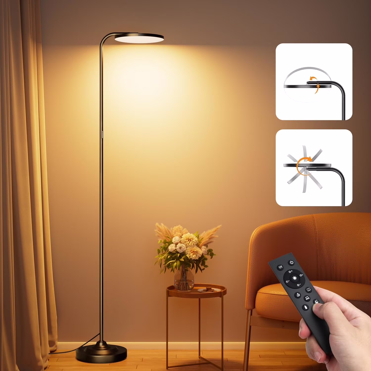 36W LED Floor Lamp, Super Bright Standing Lamp, Modern Stepless Dimmable Torchiere Tall Lamp with Remote Control, 350��Rotating Head Reading Floor Lamp for Living Room, Bedroom, Office(Black(CCT))