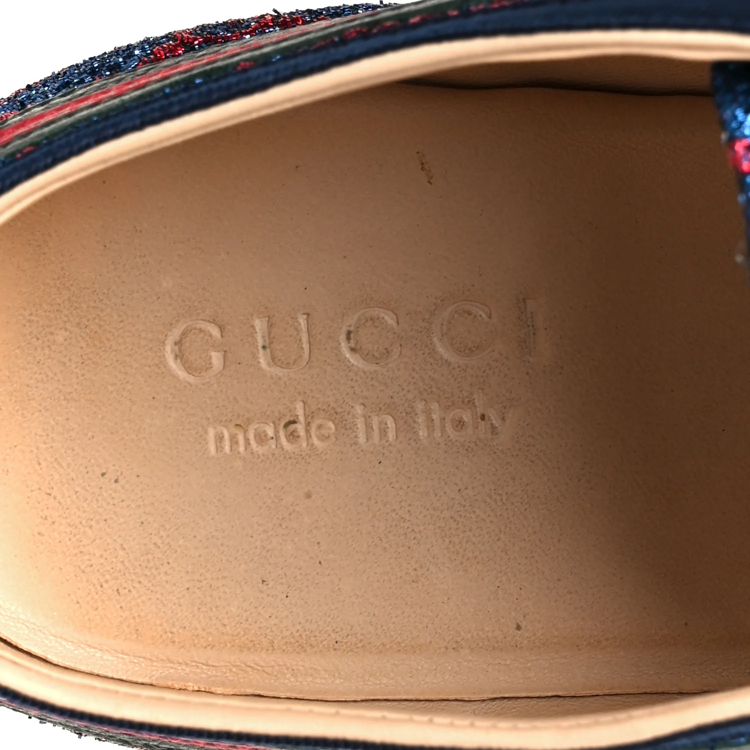 Lurex Calfskin Web GG Monogram Mens Falacer Sneakers 8.5 Iridescent Blue Iridescent Red Silver