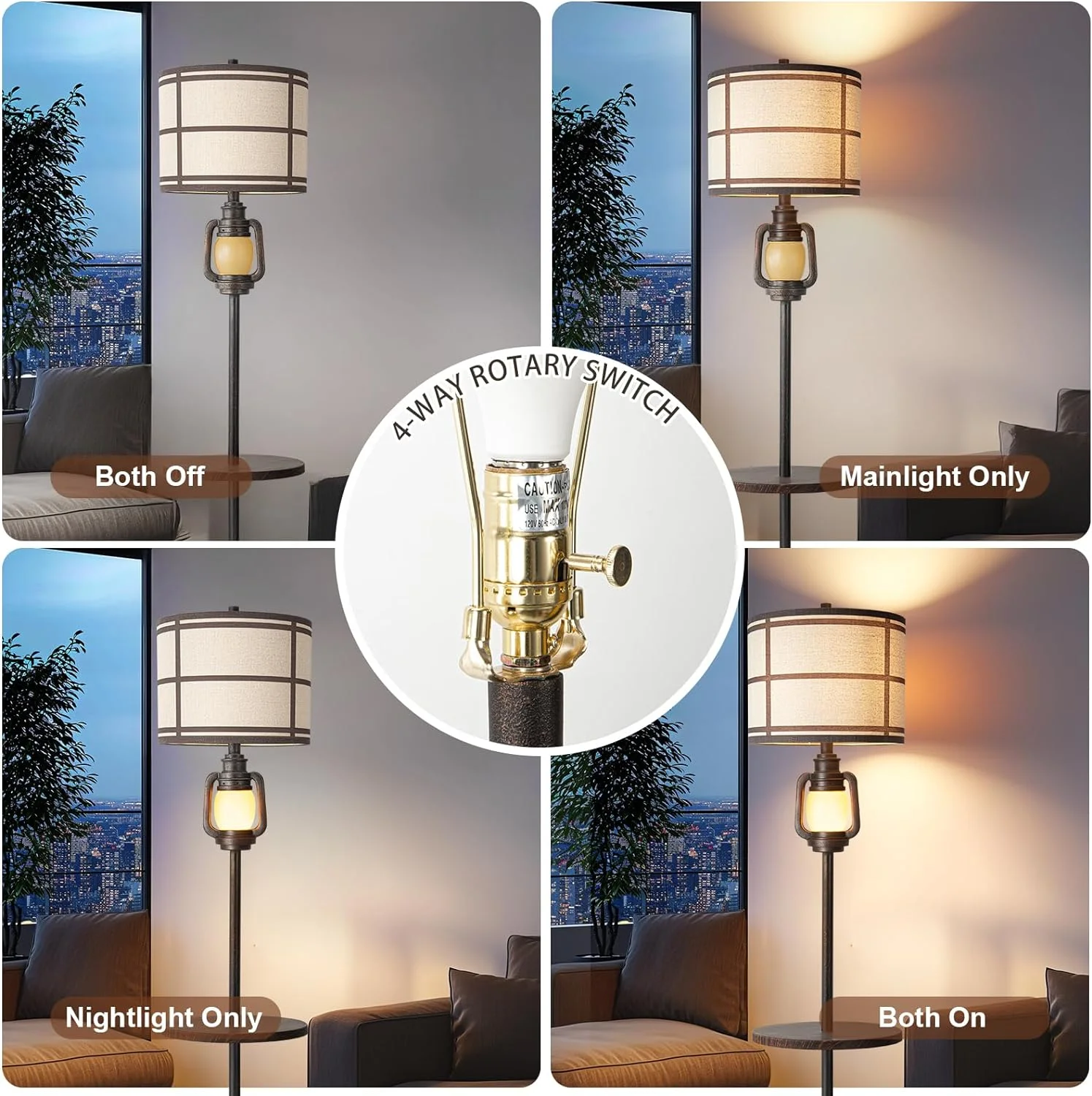 Farmhouse Metal Tray Floor Lamp For Living Room With Nightlight Vintage Tall Lamp With Linen Fabric Shade Industrial Standing Lamp For Bedroom Office Home House Study (Bulb Included)(Bronze-With Tray) - Image 4