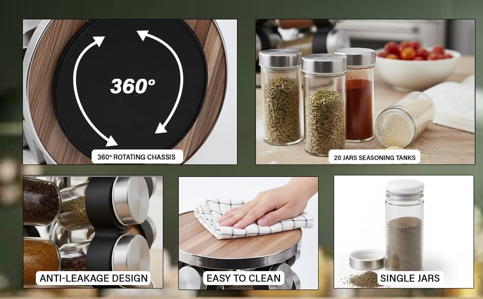 20 Jar Rotating Spice Rack, Wood & Stainless Steel Countertop
