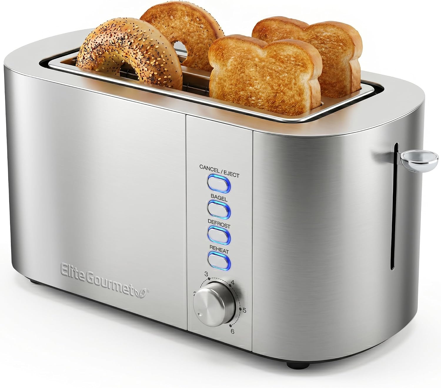 Elite Gourmet ECT-3100 4-Slice Long Slot Toaster, Stainless Steel| Extra-Wide Slots Fit Bagels, Sourdough & Texas Toast, 6 Browning Settings, Reheat, Defrost & Cancel, Built-In Warming Rack