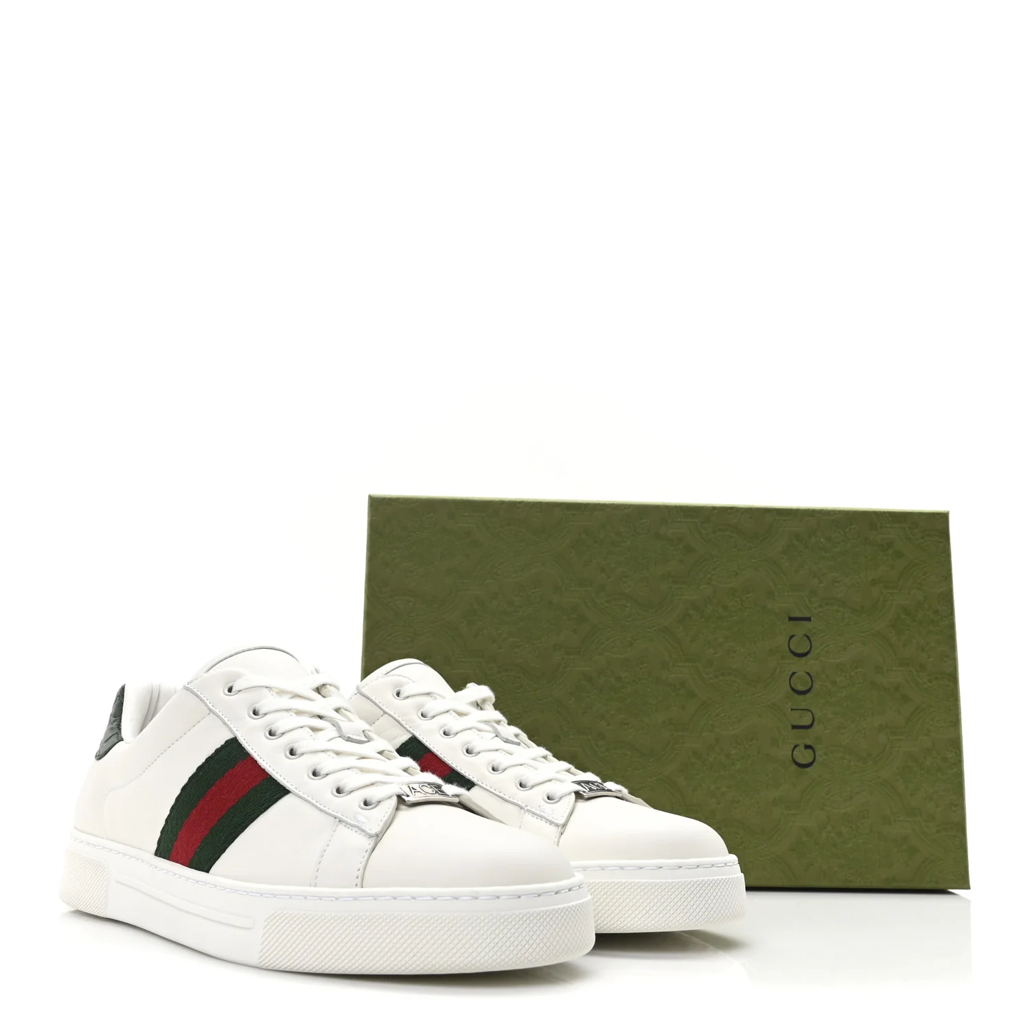 Calfskin Crocodile Web Womens Ace Sneakers 39.5 White Green