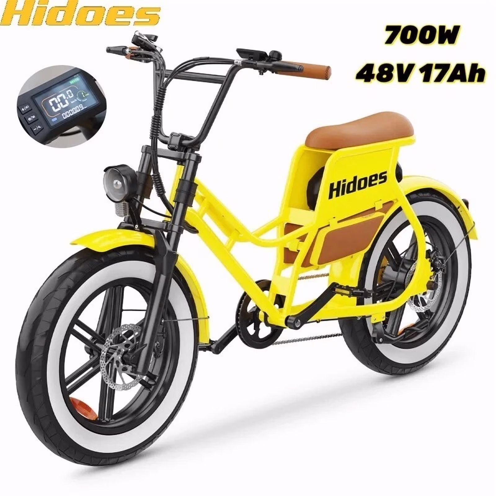 ? Electric Bike for Adults 20" Fat Tire Retro Cruiser, 7-Speed E-Bike with Cruise Control Accessories (Pump/Leather Seat)(Yellow)