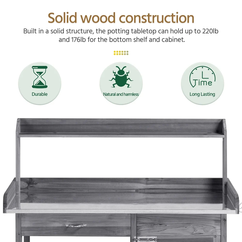 SmileMart Wooden Garden Potting Bench Table with Cabinet, Gray