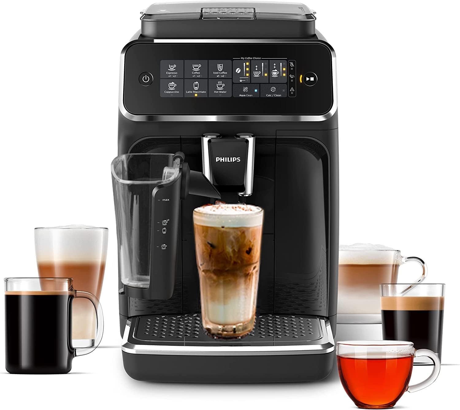 Machine à expresso entièrement automatique Philips série 3200 - Mousseur à lait LatteGo et café glacé, 5 variétés de café, écran tactile intuitif, noir, (EP3241/74)