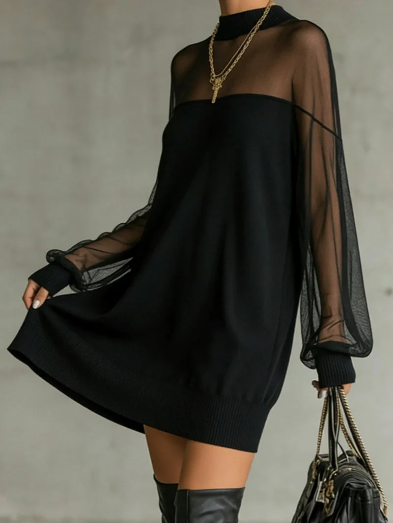 Robe Noire Élégante Courte avec Manches Longues en Résille