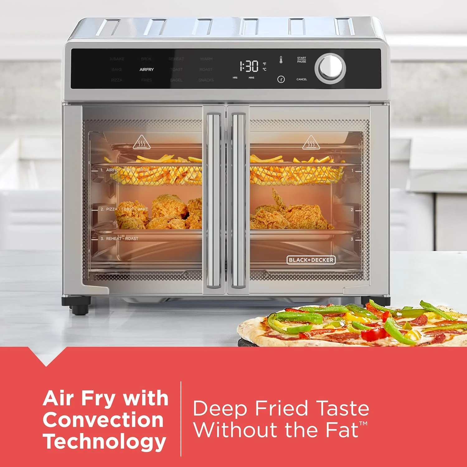 Crisp 'N Bake Air Fryer Toaster Oven Combo, 12 in 1 Countertop Convection Oven Cooks Food Fast, Fits a Whole Pizza or 6 Toast Slices, French Doors with Stainless Steel Finish - Image 4