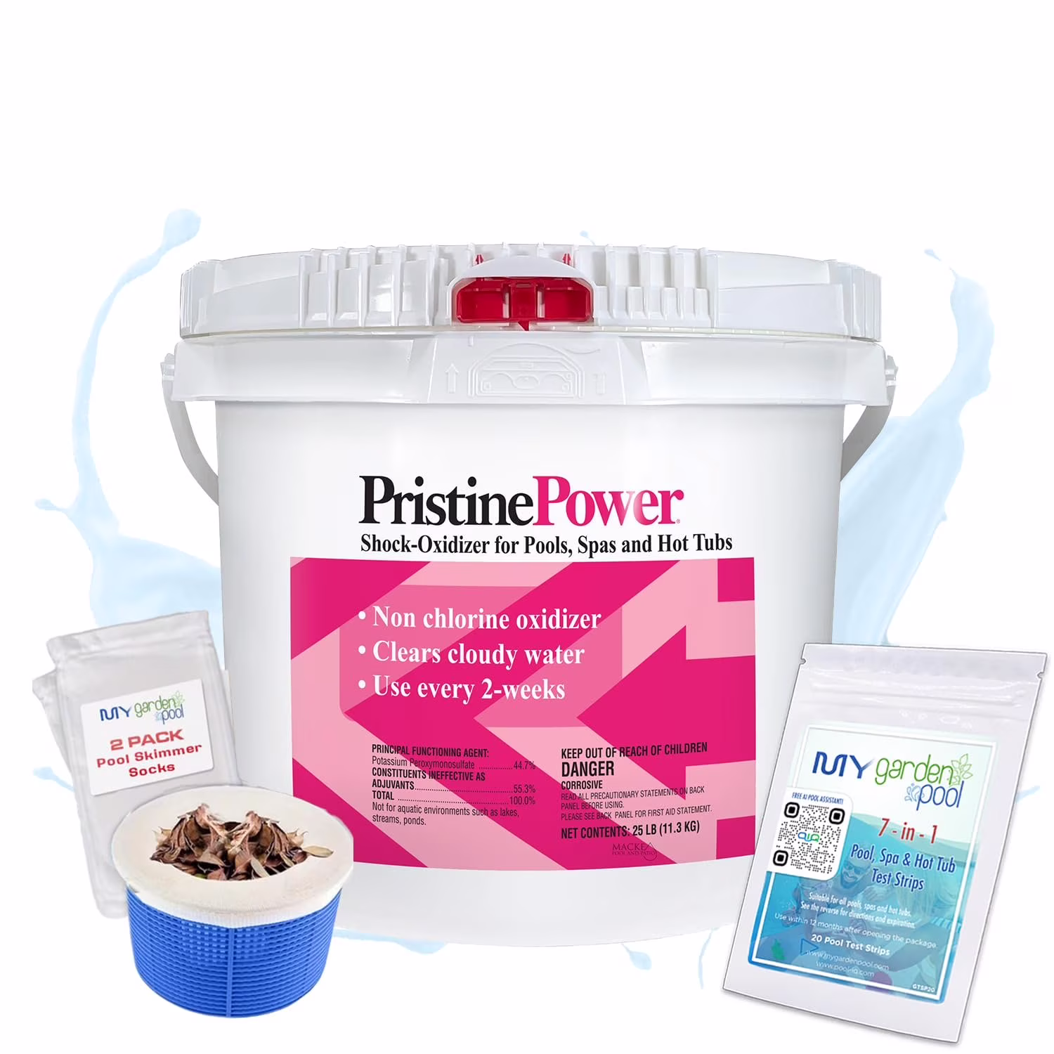 PristinePower 25 lb Non Chlorine Shock for Pools & Spas Clears Cloudy Water & Removes Contaminants Includes My Garden Pool 2 Scum Socks 7 in 1 Test Strip & Pool IQ Assistant