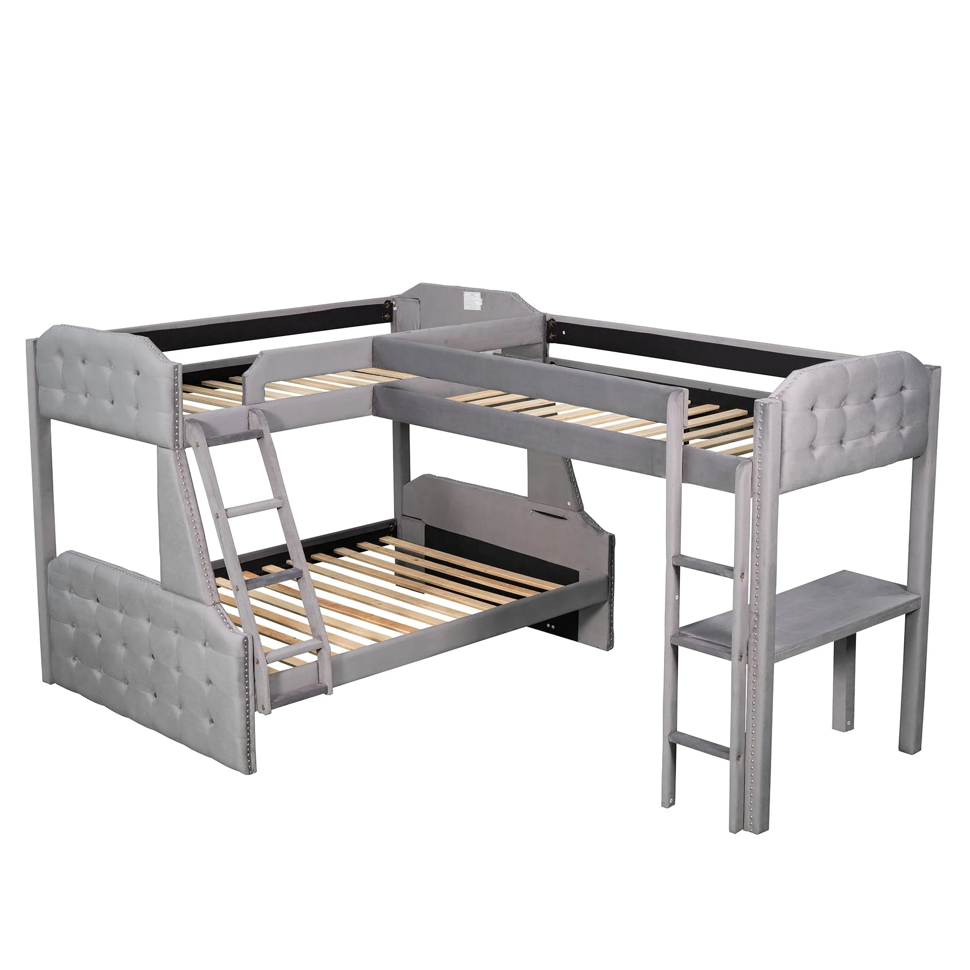 Upholstery L Shaped Twin over Full Bunk Bed and Twin Loft Bed with Desk for Kids Bedroom, Gray Image 10