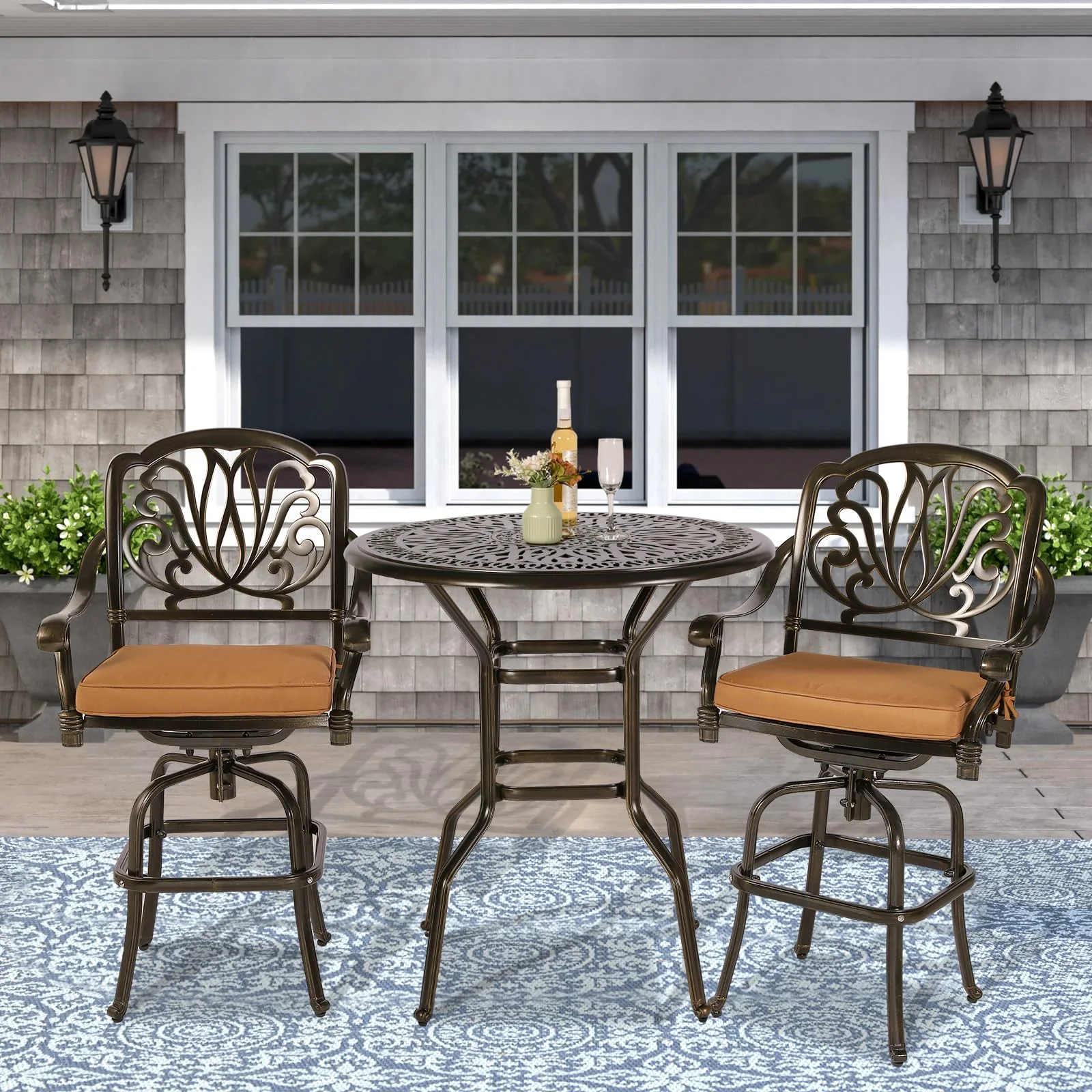 35.2" Patio Height Bar Table, All-Weather Cast Aluminum Bar Bistro Table Outdoor Patio Round Dining Table with Umbrella Hole for Balcony, Lawn, Garden, Backyard, Antique Bronze(35.2" Patio Height Bar Table) - Image 9