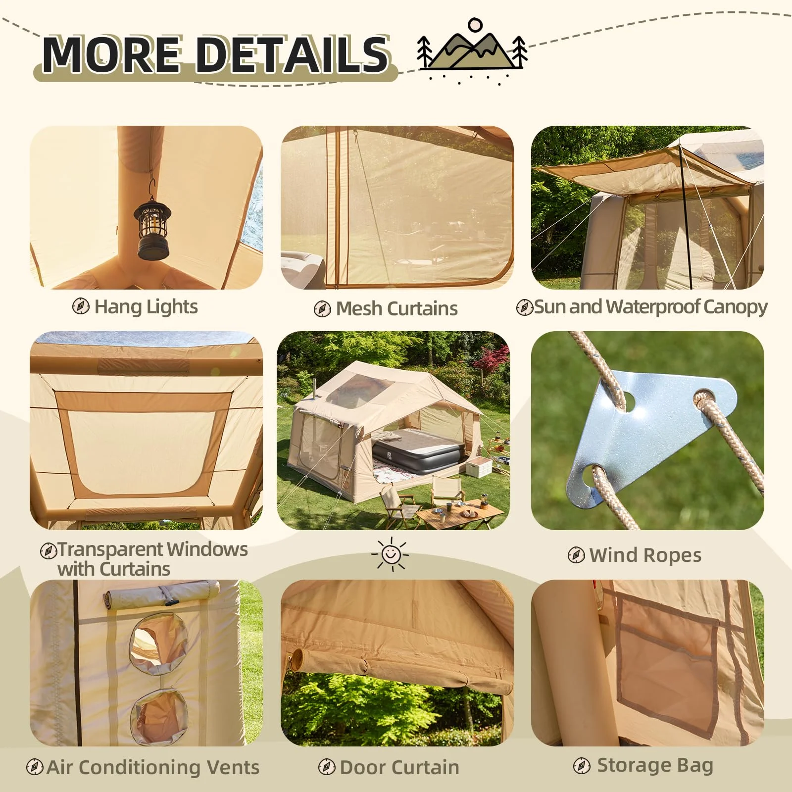 12'x8' Inflatable Tent, 96 SFT Blow Up Tent for Camping, 4 Season Oxford Glamping Tents with Clear Skylight, Pump Stove Jack(300D Oxford-Beige + Skylight) - Image 8