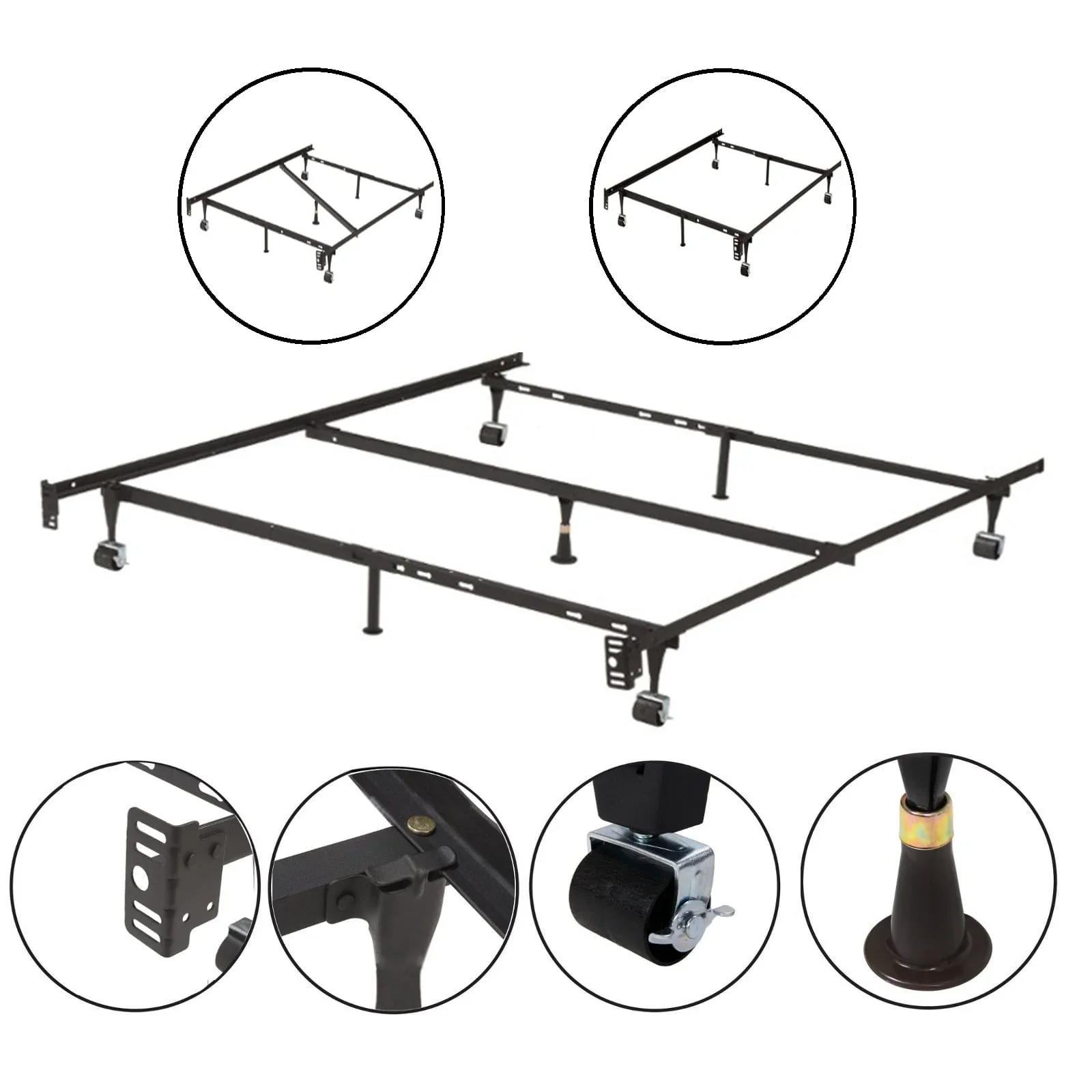 Pilaster Designs - 7-Leg Heavy Duty Adjustable Metal Bed Frame with Center Support Rug Rollers and Locking Wheels, Queen/Full/Full XL/Twin/Twin XL