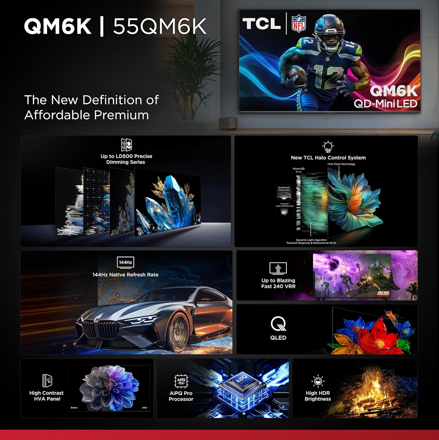 TCL 55 Inch Class QM6K Series | Mini LED QLED 4K HDR | 55QM6K  2025 Model | 120HZ-144HZ High Brightness Smart Google TV Dolby Atmos Onkyo Audio | Voice Remote Alexa Gaming Streaming Television