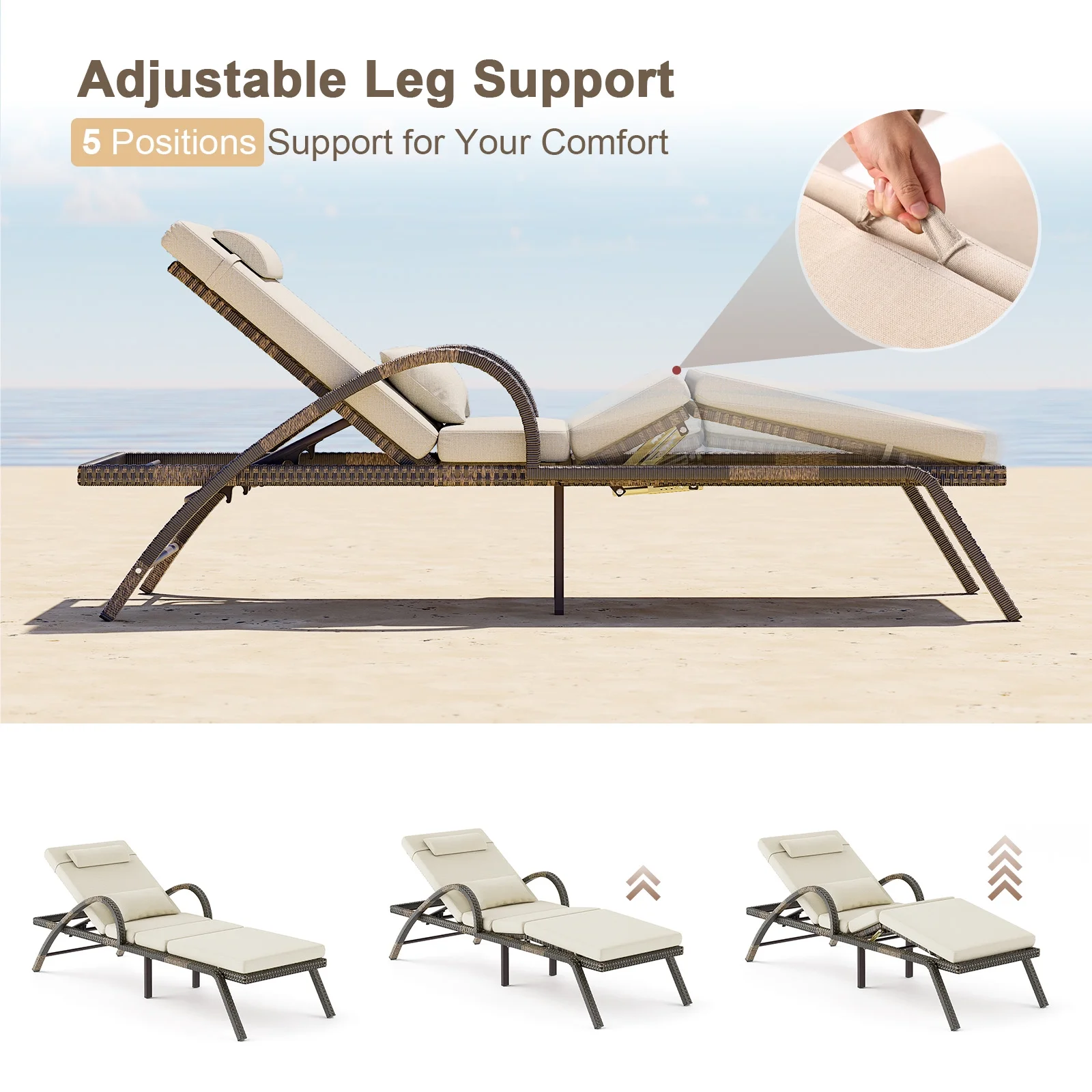 4-Piece Outdoor Lounge Chairs, Pool Chairs with Adjustable 5 Position Backrest, PE Rattan Chaise for Backyard Porch Deck (Gray)(4/Gray) - Image 7