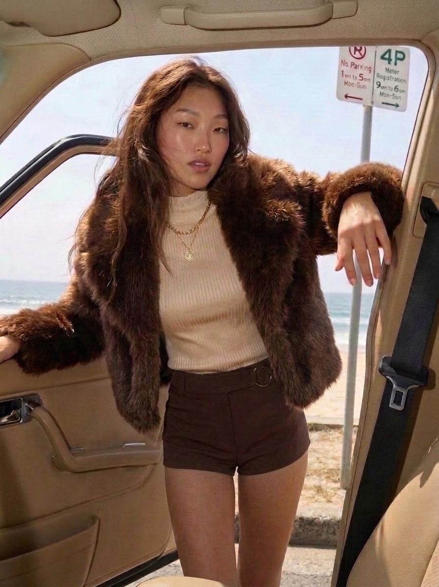 Stanetco Women's Short Chocolate Brown Faux Fur Coat - Cropped Fluffy Winter Jacket, Casual Warm Shaggy Outerwear with Lapel Collar