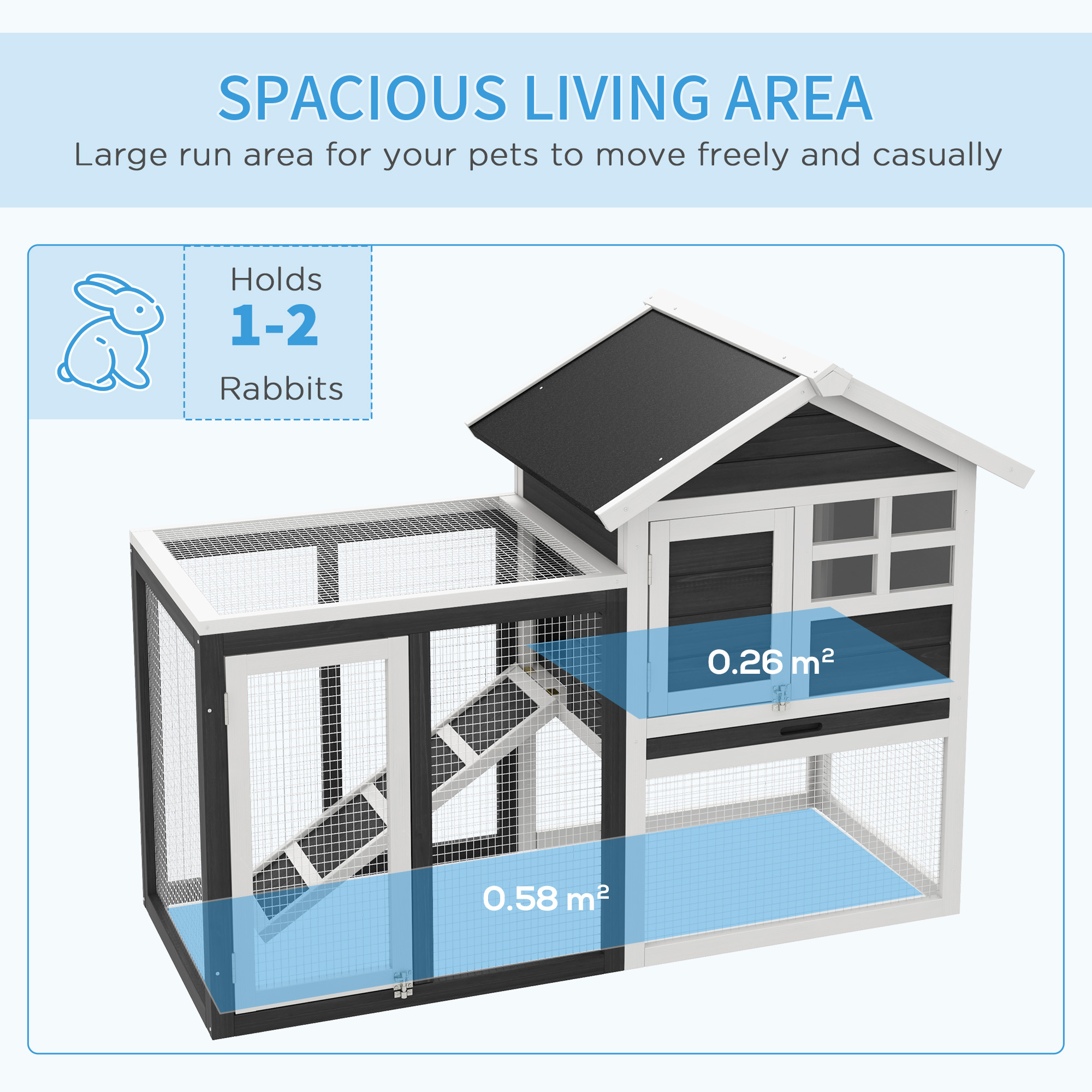 PawHut konijnenhok grijs+zwart+wit 122 x 62,6 x 92 cm