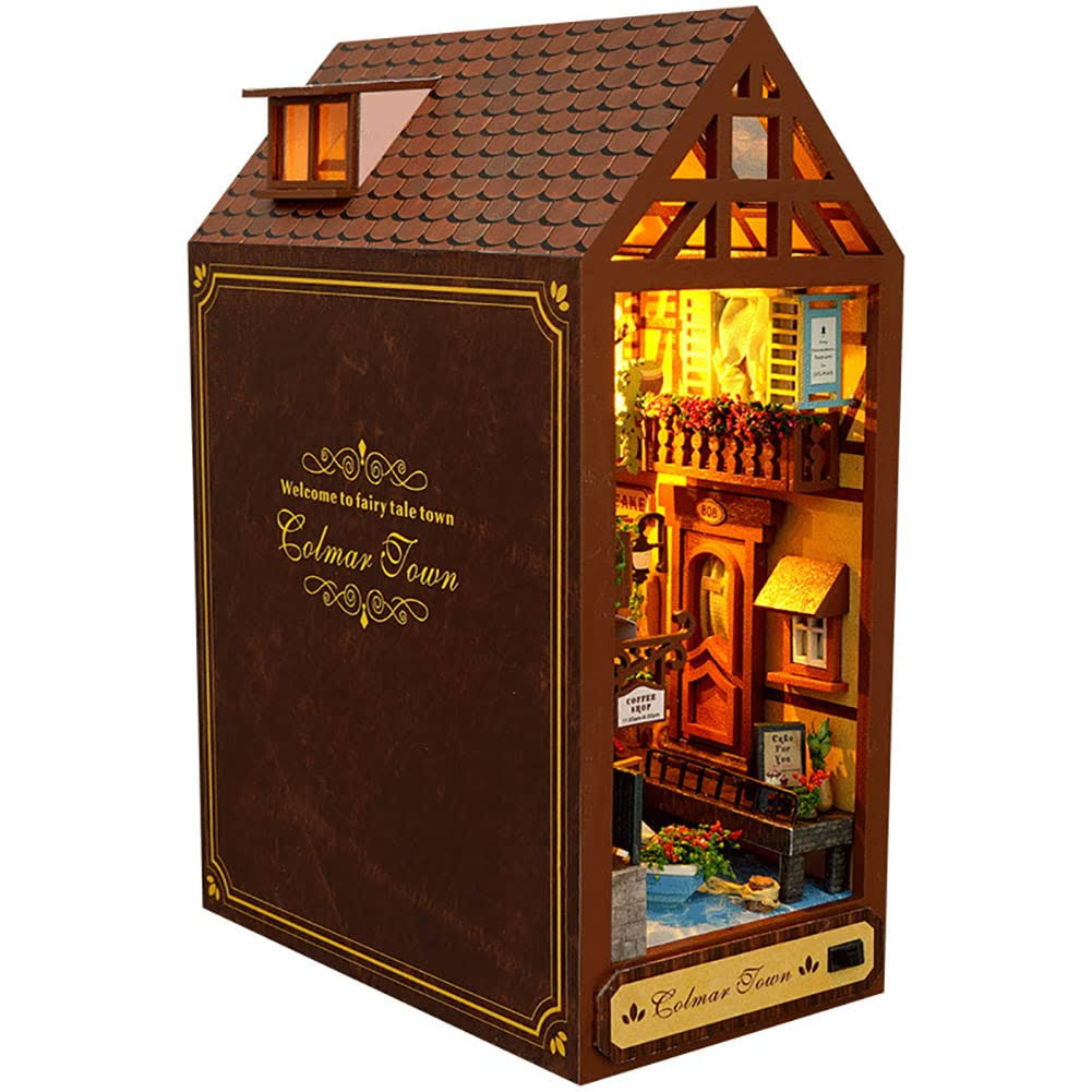 TOPBSFARNY 3D Wooden Book Stand Puzzle DIY Dollhouse Wood Bookends Book Nook Model Building Kit with LED Light for Teens and Adults to Build-Creativit