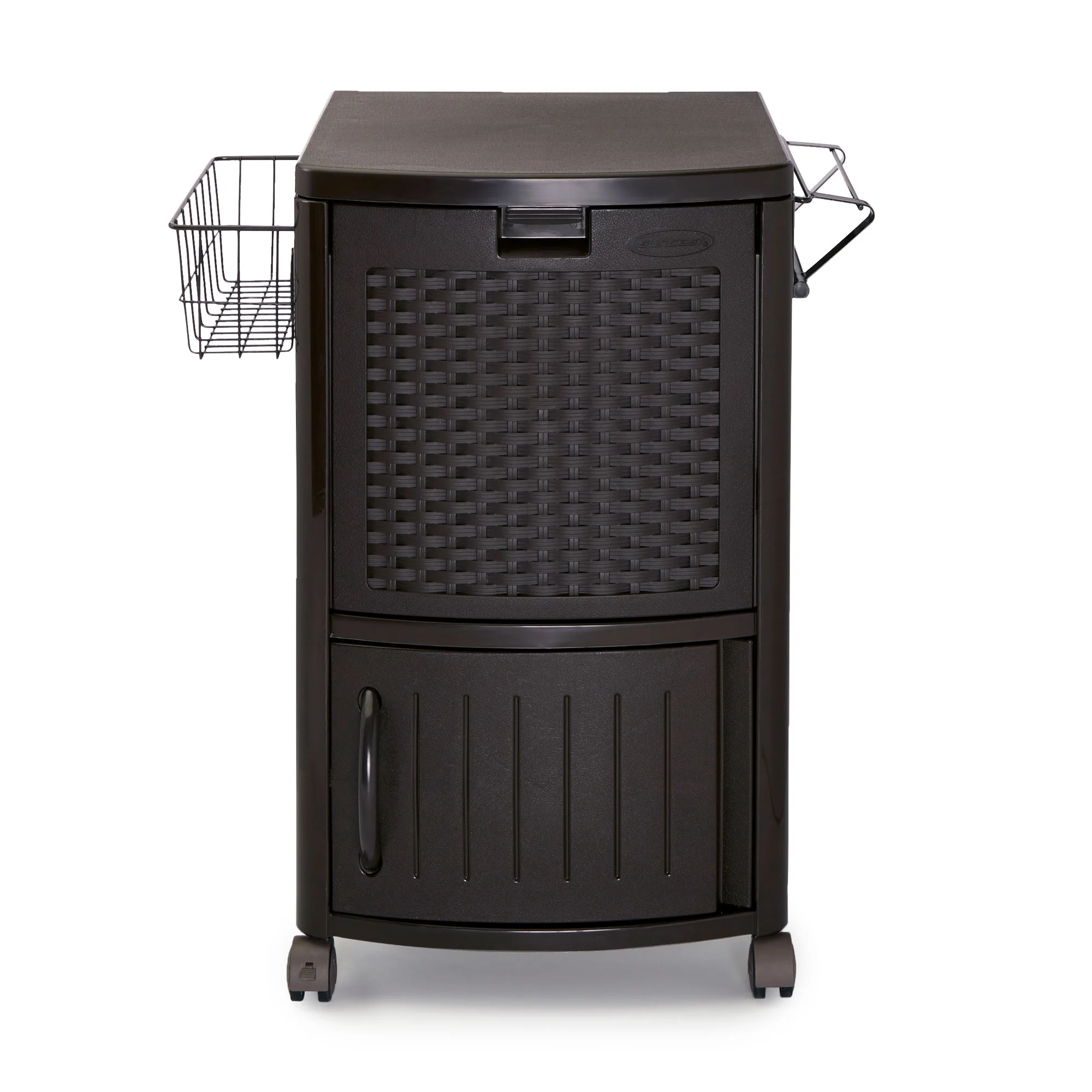 Suncast 77 Quart Patio Cooler W/ Cabinet and Basket W/ Wicker Trash Hideaway