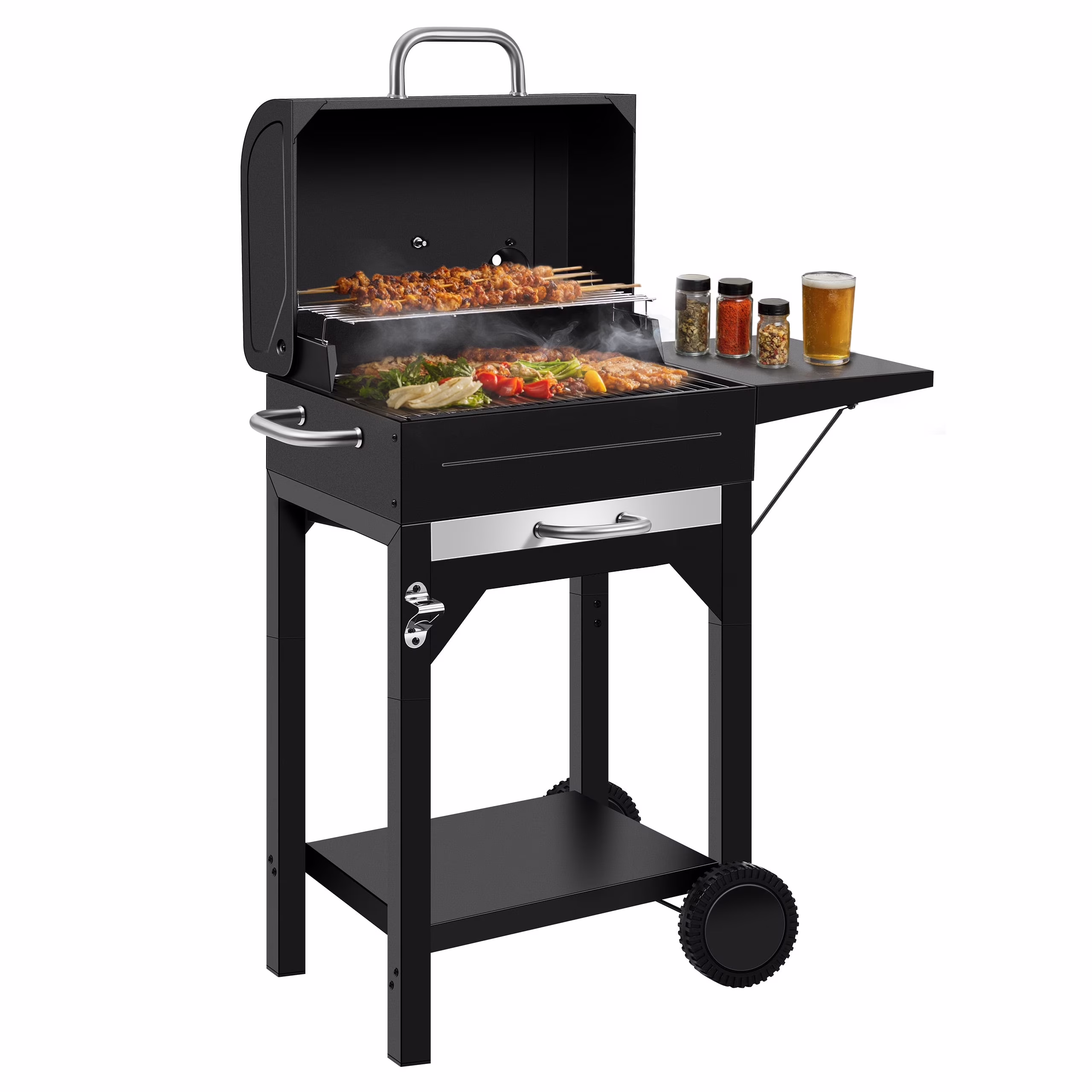 Portable Charcoal Smoker Grill Combo with Offset Firebox - Heavy Duty BBQ Grill with Warming Rack & Side Shelf for Outdoor Cooking, Camping & Tailgating