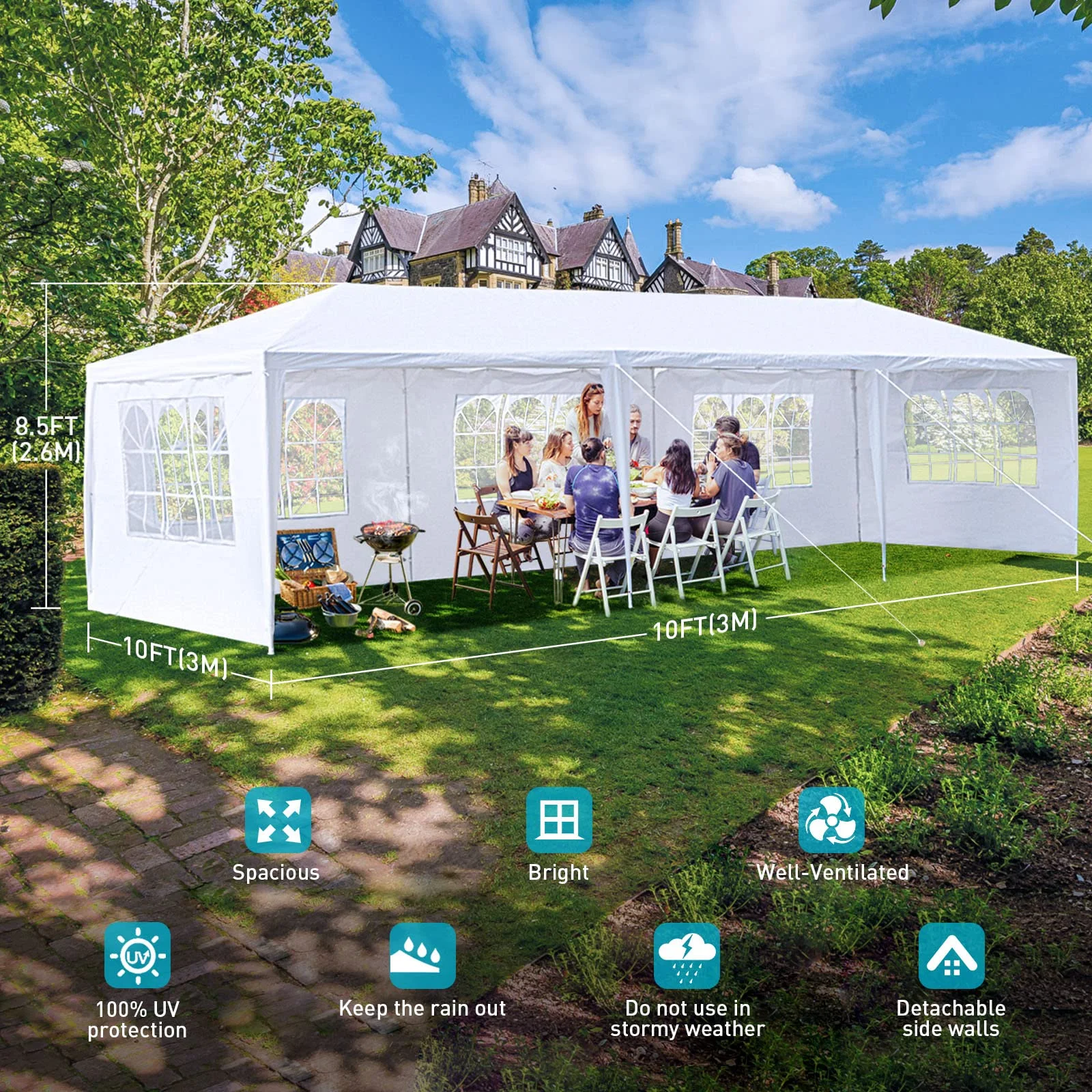 10'x30' Heavy Duty Outside Party Tent, Waterproof Event Tent for Beach Wedding Camping, Durable Outdoor Event Tent for Patio Garden BBQ Shelter, White - Image 5