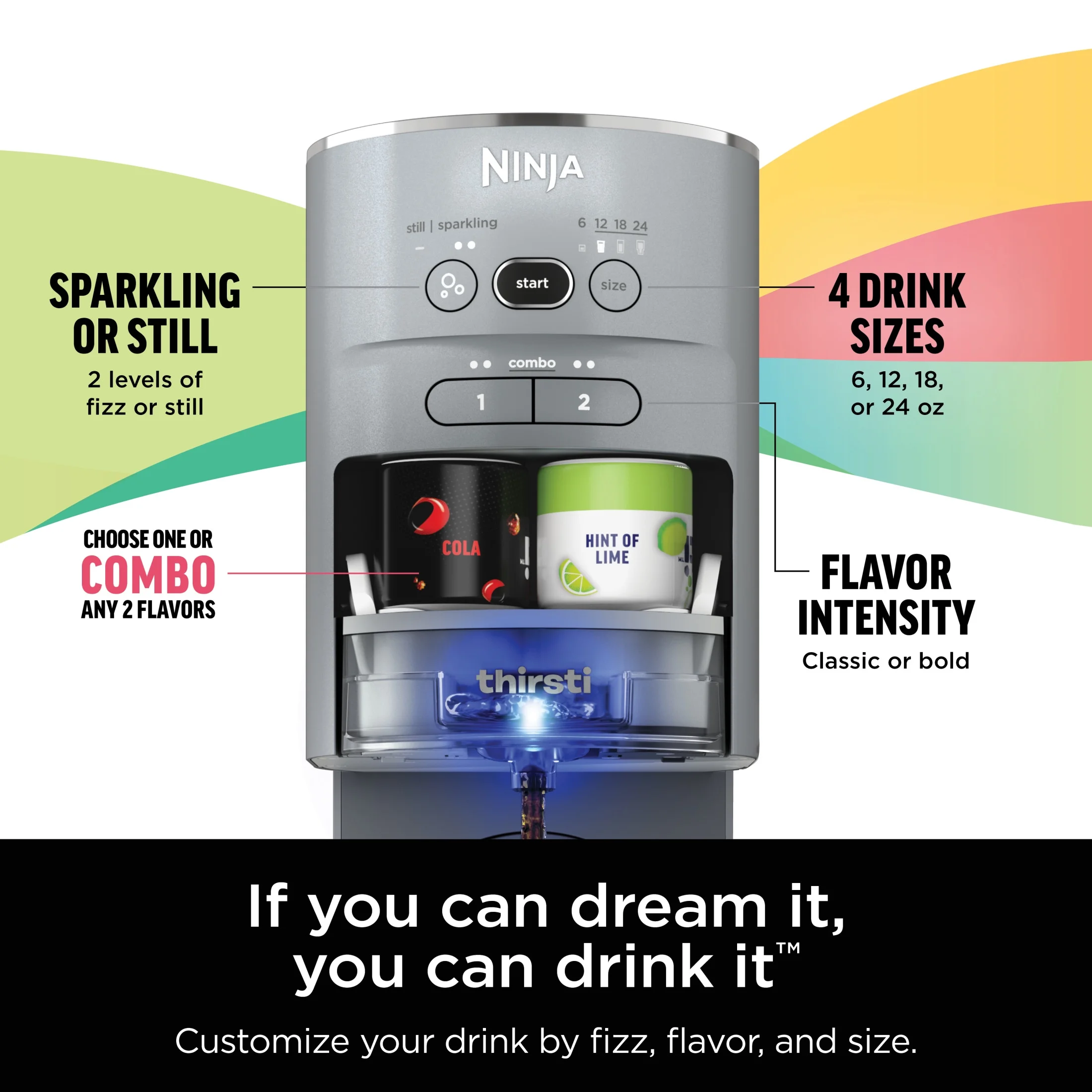 Thirsti Drink Maker, Still, Sparkling Custom Drink Kit, with CO2 Canister, Flavors, and 48 oz Reservoir - Image 3