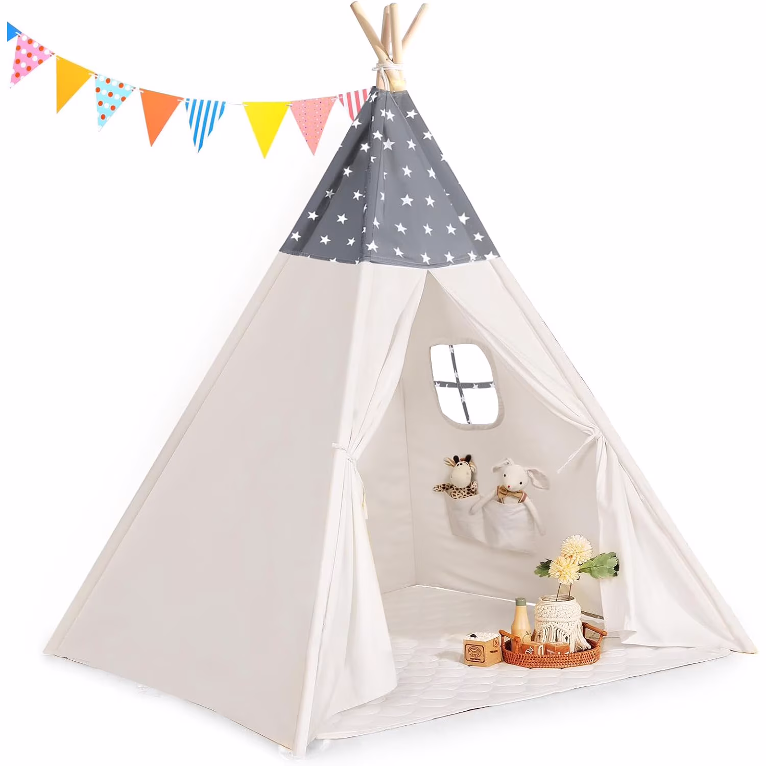 Teepee Tent for Kids Slumber Party 100% Cotton Foldable Kids Tent Indoor with Light Flag Play House Outdoor Toddler Tipi Playroom for Girls Gift Toys Tee Pee Tents(Stars Design) Grey Teepee