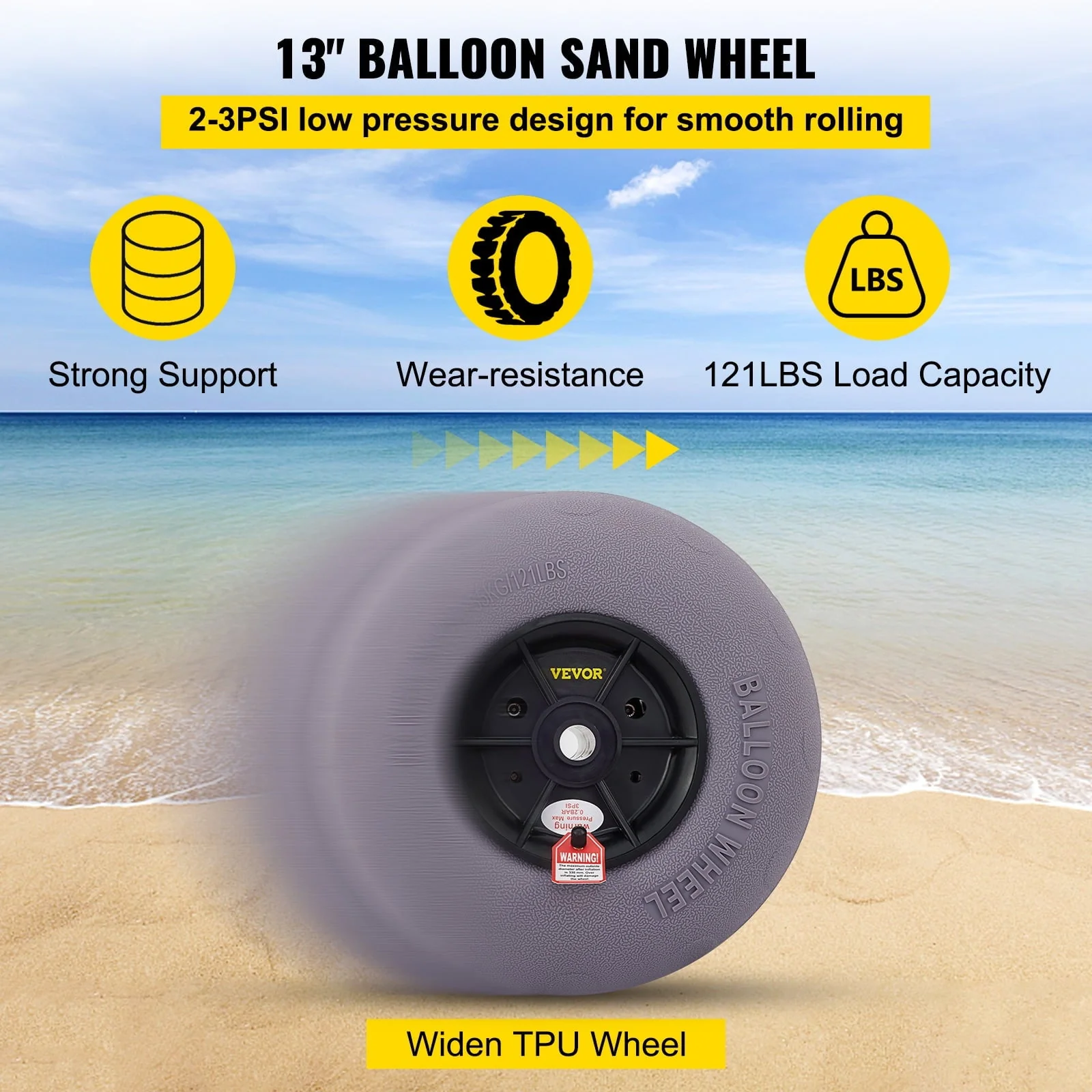 VEVOR Beach Balloon Wheels, 13" Replacement Sand Tires, TPU Cart Tires for Kayak Dolly, Canoe Cart and Buggy w/ Free Air Pump, 2 Pack Image 4