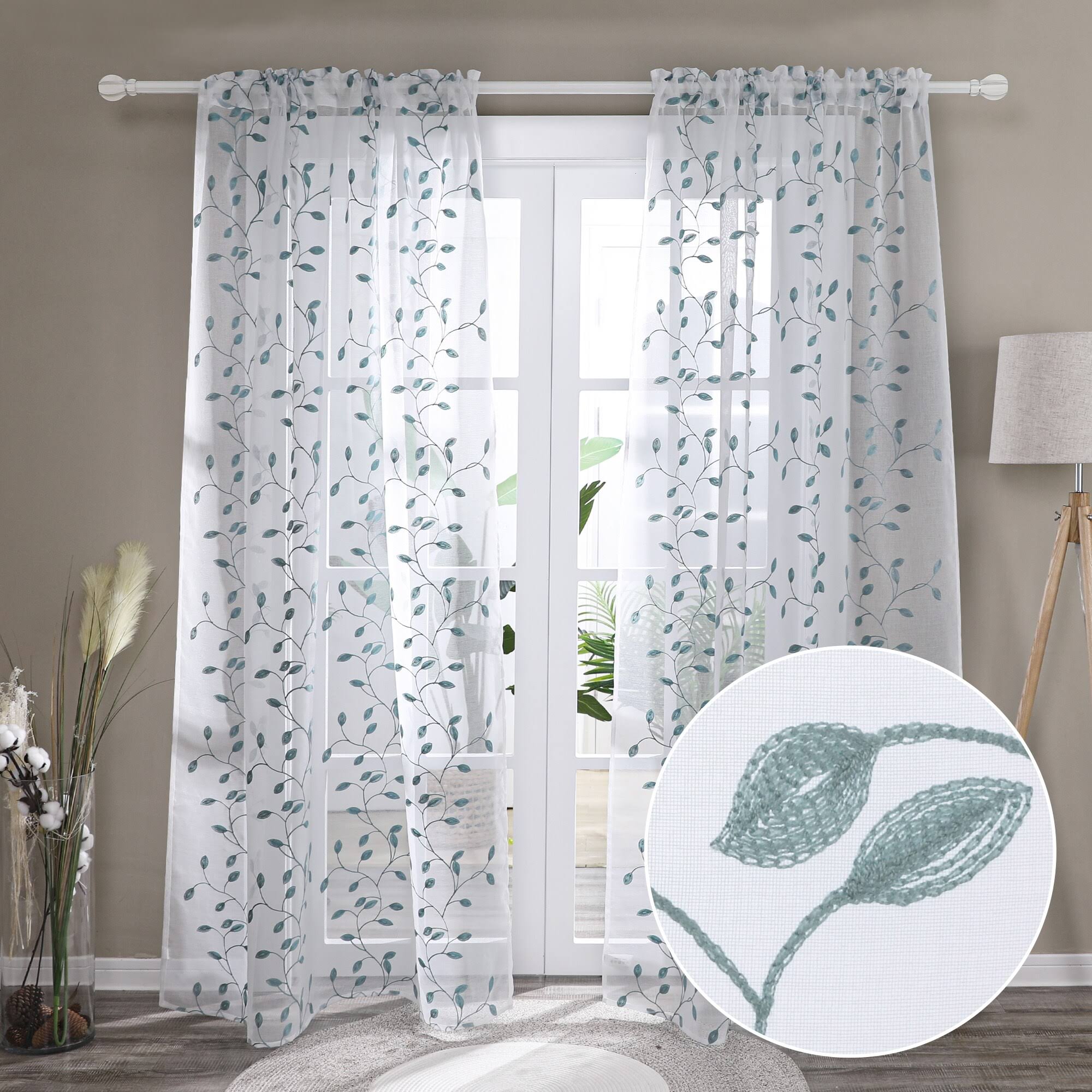 Deconovo Green Sheer Curtains 63 inch Length, Rod Pocket Leaf Pattern Floral Design Voile Sheer Curtains - 2 Panels, Each 52x63 in, Agate Green, Size: