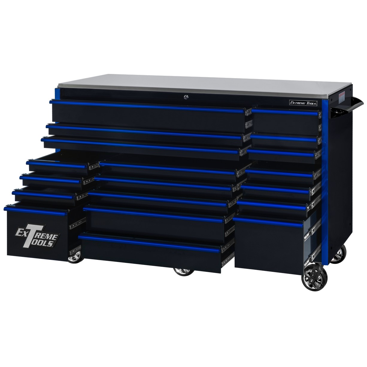 Servante d'atelier à roulettes Extreme Tools 72″ x 30″, 19 tiroirs avec glissières de 113 kg (250 lb), série RX 250